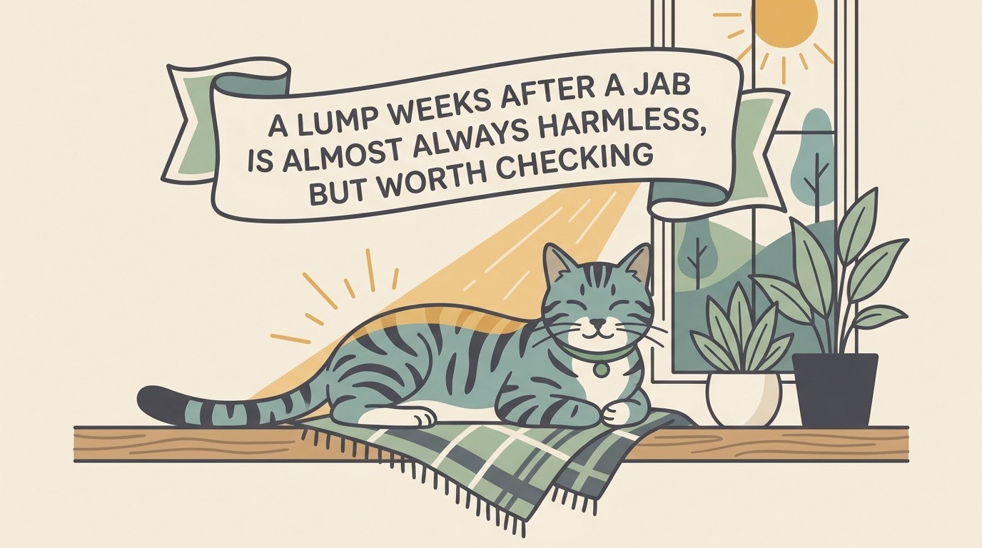 A calm tabby cat sitting contentedly on a sunlit windowsill, flat vector illustration on warm cream, beside a gentle card reading “A lump weeks after a jab is almost always harmless, but worth checking”