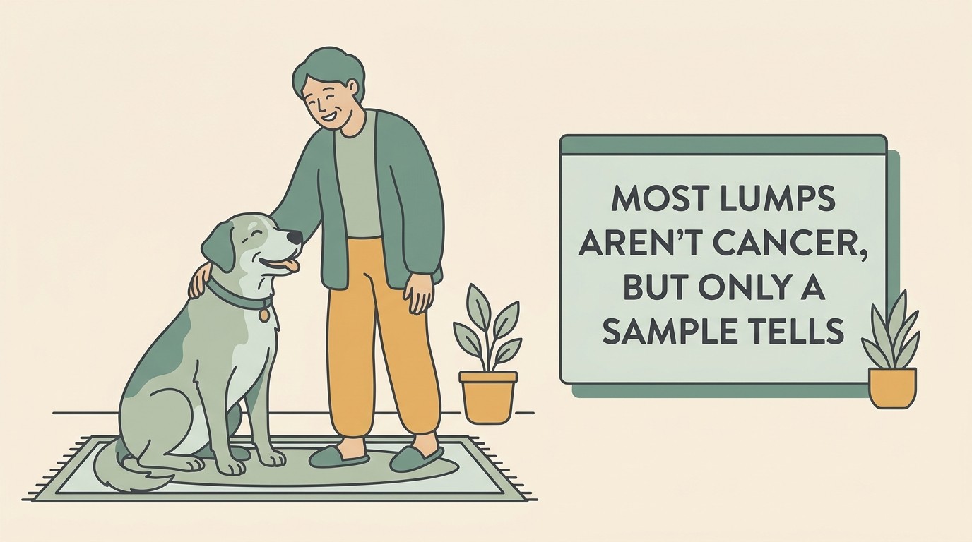 A calm owner gently checking a relaxed older dog's shoulder at home, with a steady reassuring card reading MOST LUMPS AREN'T CANCER, BUT ONLY A SAMPLE TELLS