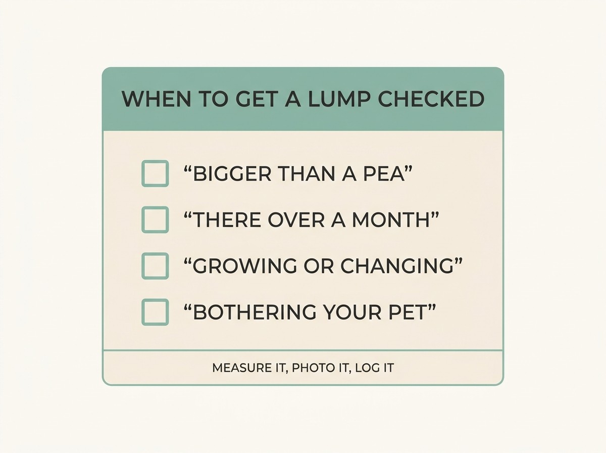 A simple card headed WHEN TO GET A LUMP CHECKED listing bigger than a pea, there over a month, growing or changing, bothering your pet, with a footer reading measure it, photo it, log it