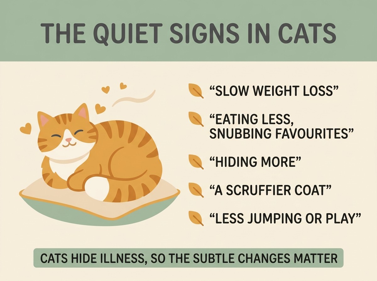 A gentle cat-specific panel headed THE QUIET SIGNS IN CATS listing subtle weight loss, eating less or snubbing favourites, hiding more, a scruffier coat, and less jumping or play, on a warm cream background