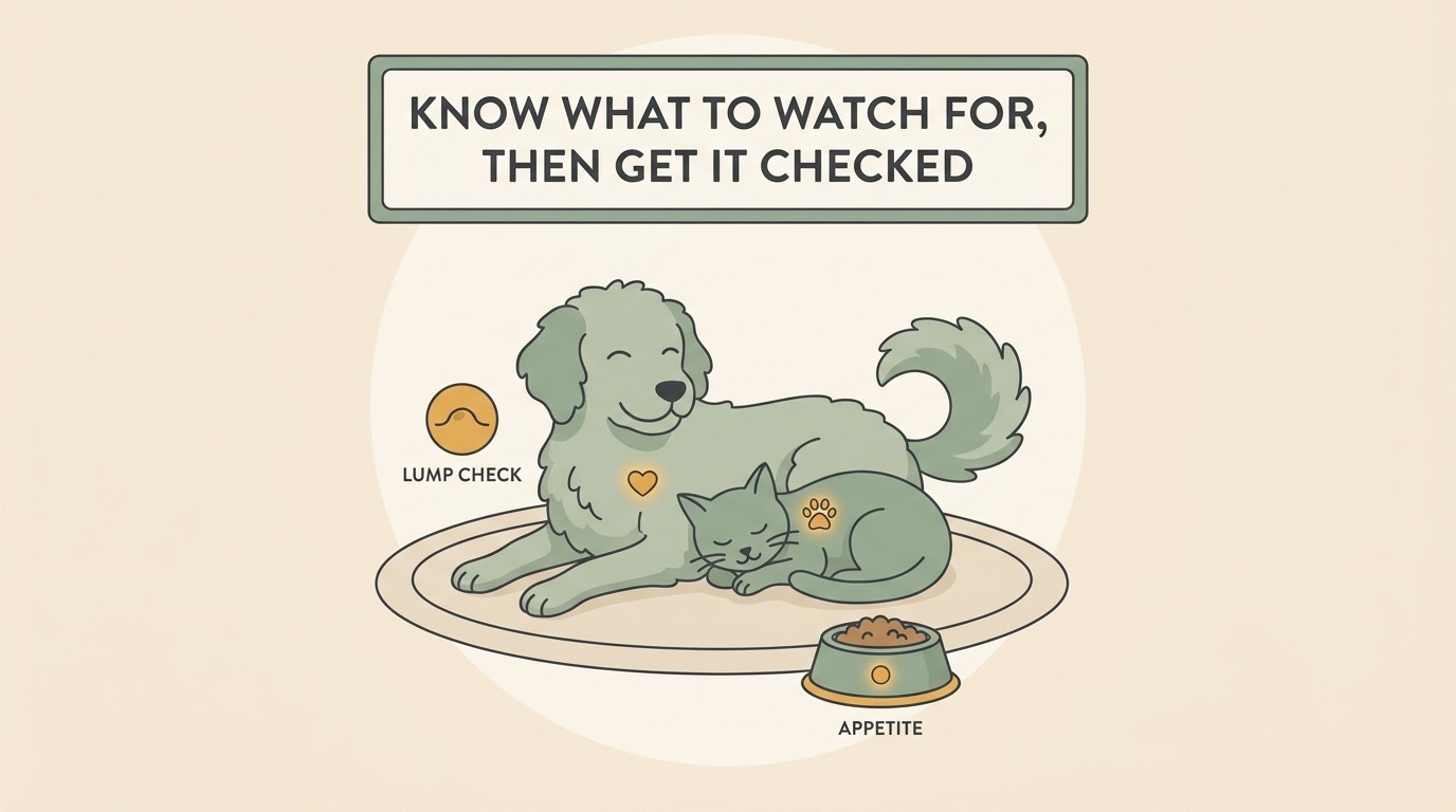 A calm what-to-watch-for body-map card showing a relaxed dog and cat at home, with gentle labels pointing to common signs of cancer, on a warm cream background