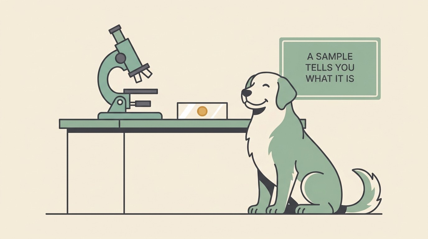 A calm vet holding a small needle beside a relaxed dog, with a microscope and slide nearby and a steady card reading A SAMPLE TELLS YOU WHAT IT IS