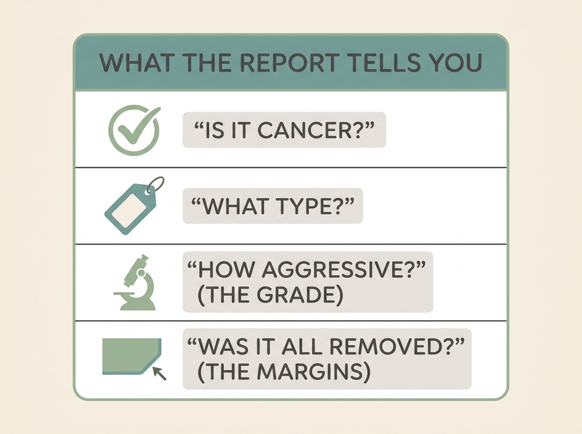 A simple results-decoder card listing the four things a sample report tells you: is it cancer, what type, how aggressive, and was it all removed