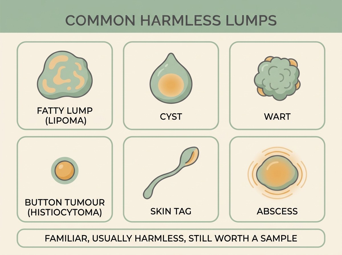A simple labelled grid of common harmless lumps showing a soft fatty lipoma, a fluid-filled cyst, a cauliflower wart, a small red button histiocytoma, a stalk-like skin tag and a hot painful abscess
