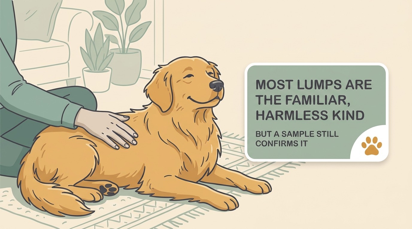 A calm owner gently feeling a relaxed dog's side at home, with a reassuring card listing common harmless lumps, fatty lumps, cysts, warts and skin tags
