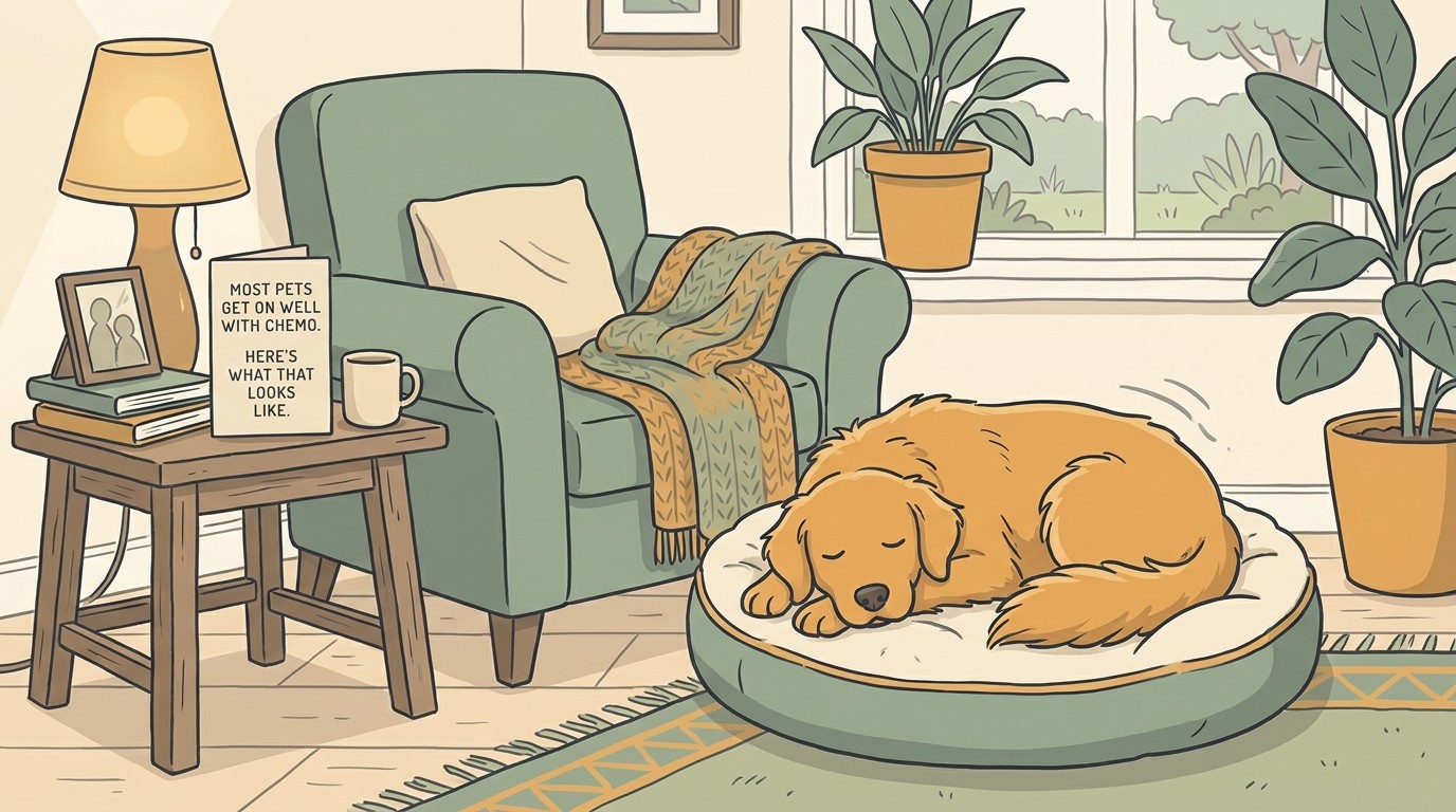 A content dog dozing on a soft bed beside its owner's chair at home mid-treatment, flat vector illustration on warm cream, with a calm card reading "MOST PETS GET ON WELL WITH CHEMO. HERE'S WHAT THAT LOOKS LIKE".