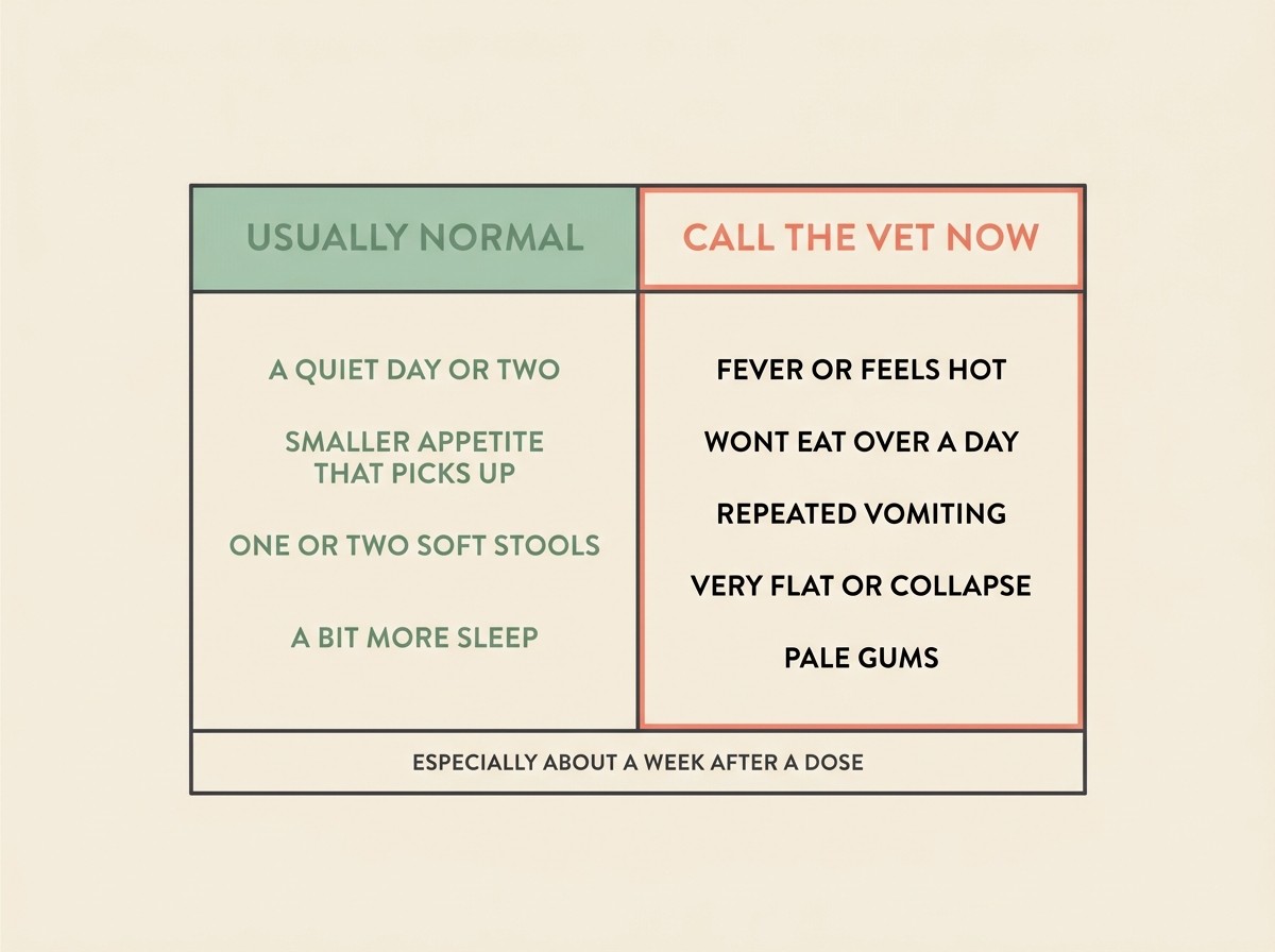 A two-column card, flat vector on warm cream, headed "USUALLY NORMAL" in sage beside "CALL THE VET NOW" in restrained coral, listing the everyday signs against the call-now signs.