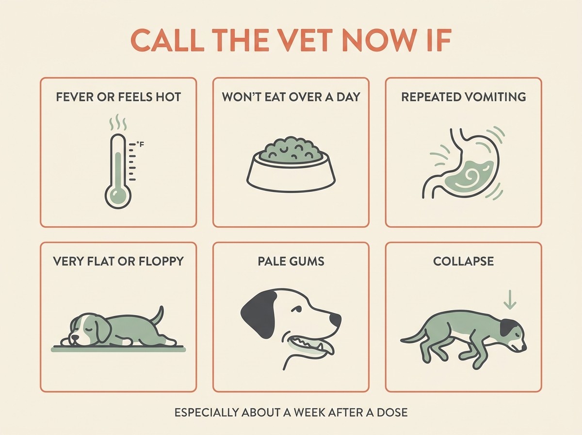 A clean red-flag grid headed "CALL THE VET NOW IF" with six tiles reading FEVER OR FEELS HOT, WON'T EAT OVER A DAY, REPEATED VOMITING, VERY FLAT OR FLOPPY, PALE GUMS, COLLAPSE, on warm cream with restrained coral headers and a footer reading "ESPECIALLY ABOUT A WEEK AFTER A DOSE".