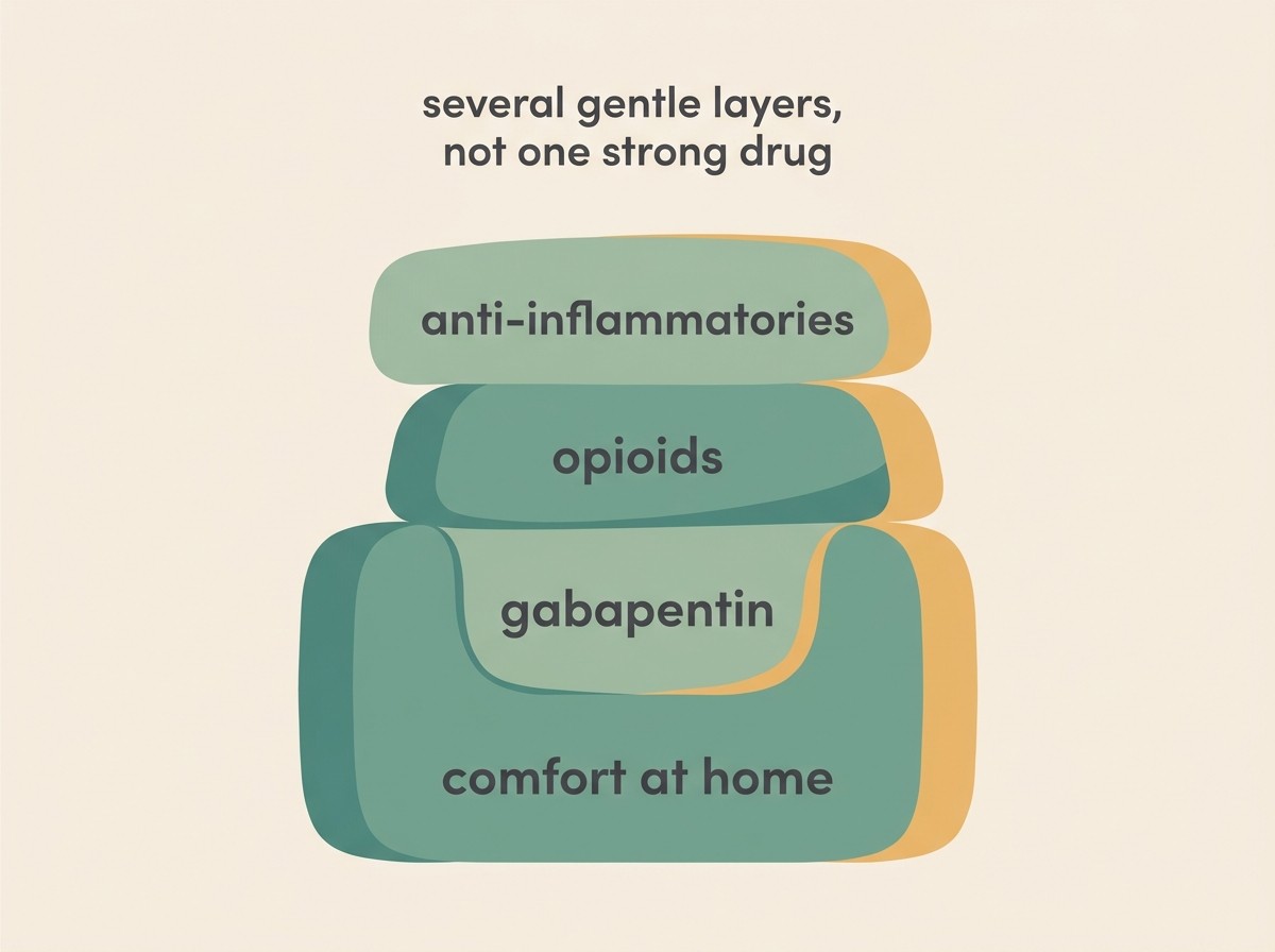 A simple, calm illustration of building blocks stacked together, each labelled, sitting on a soft cream background to show that several gentle treatments combine into one comfortable result.