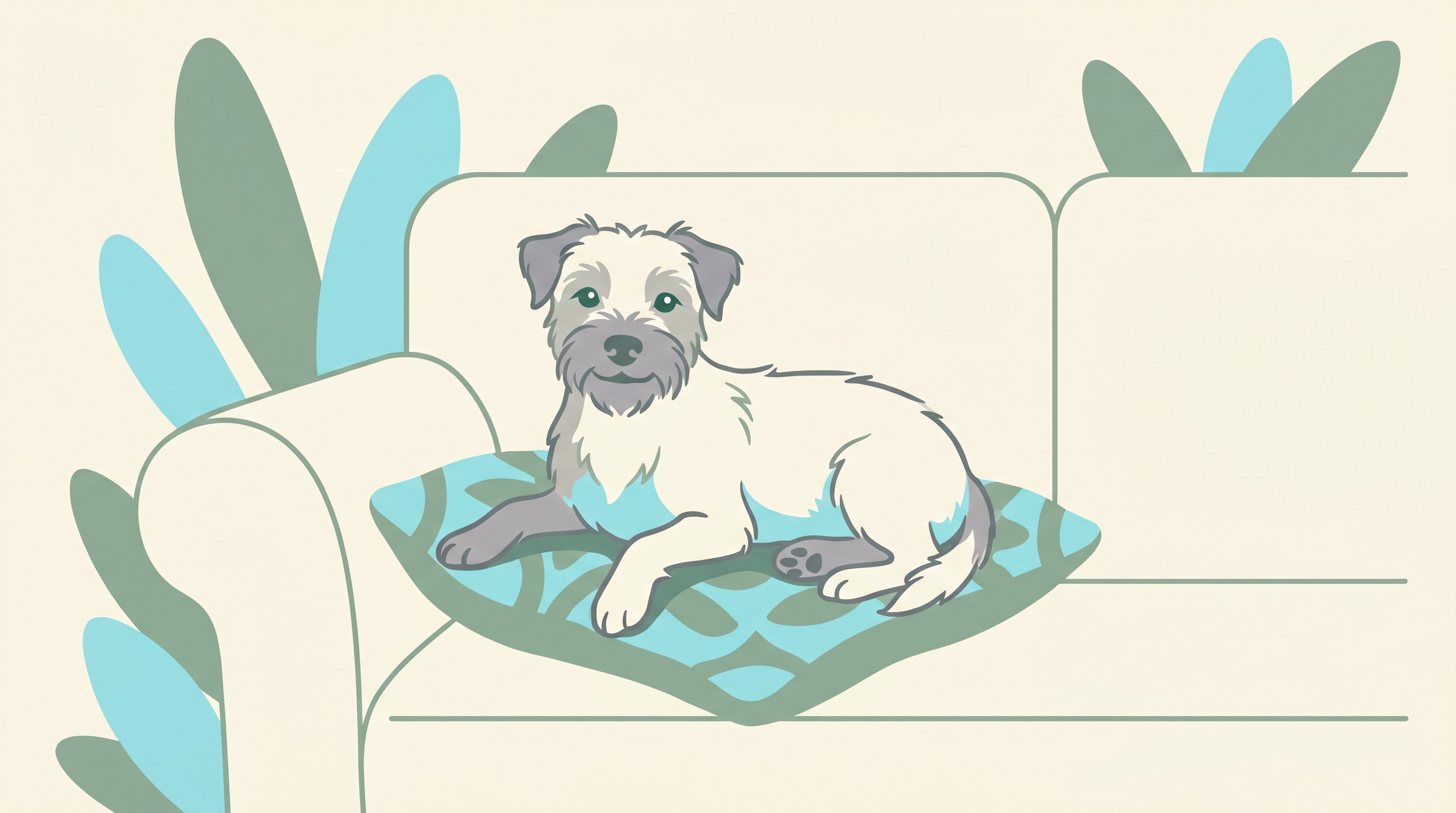 A small senior dog resting on a sofa, calm and bright-eyed, in a warm flat-vector style on a cream background