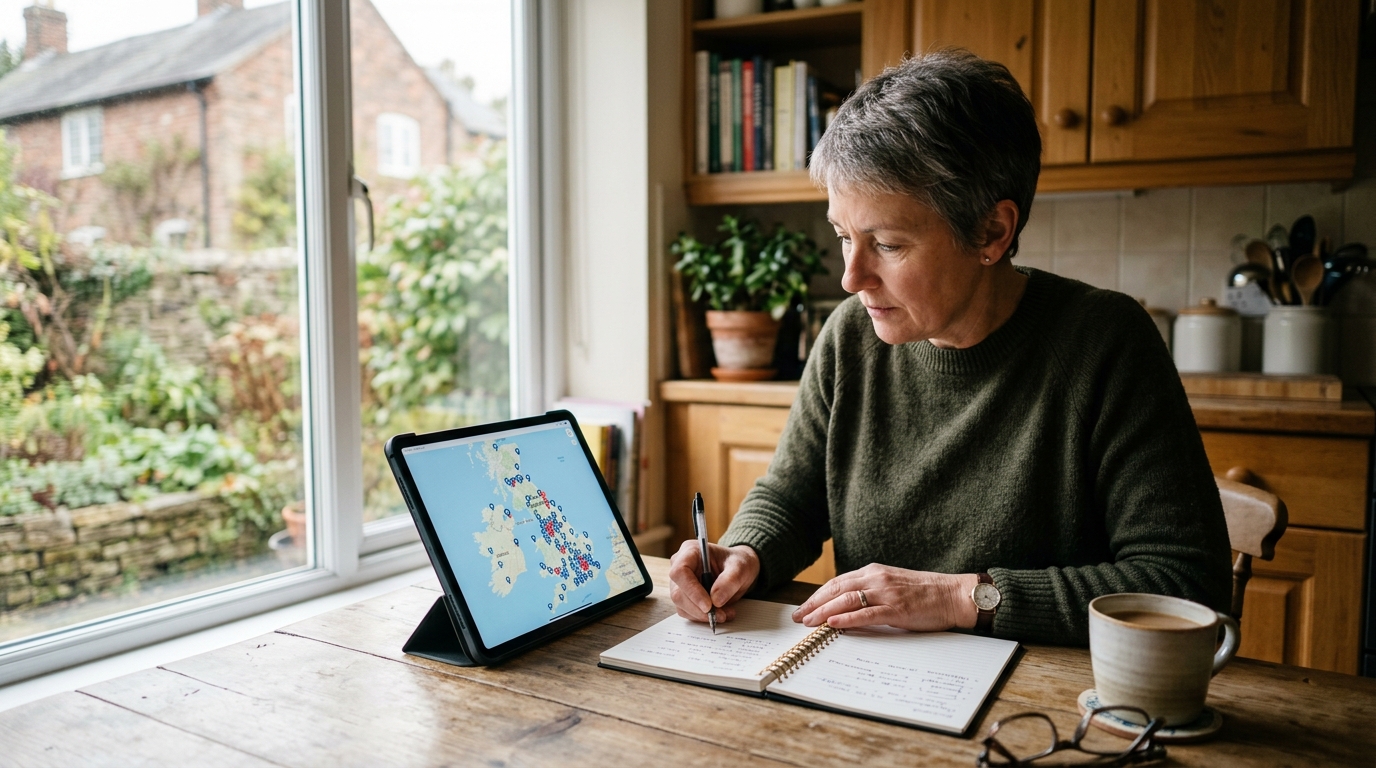 An owner at a kitchen table looking at a tablet showing a UK map with provider locations marked, taking notes in a notebook, soft natural light