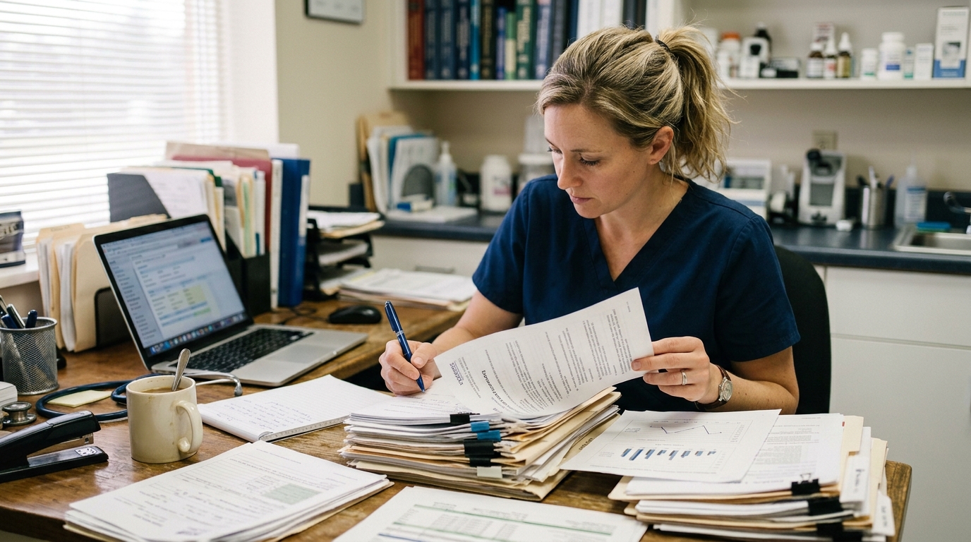A vet reviewing a stack of reports from various practitioners on her desk, soft clinical light, vet uniform subtly visible