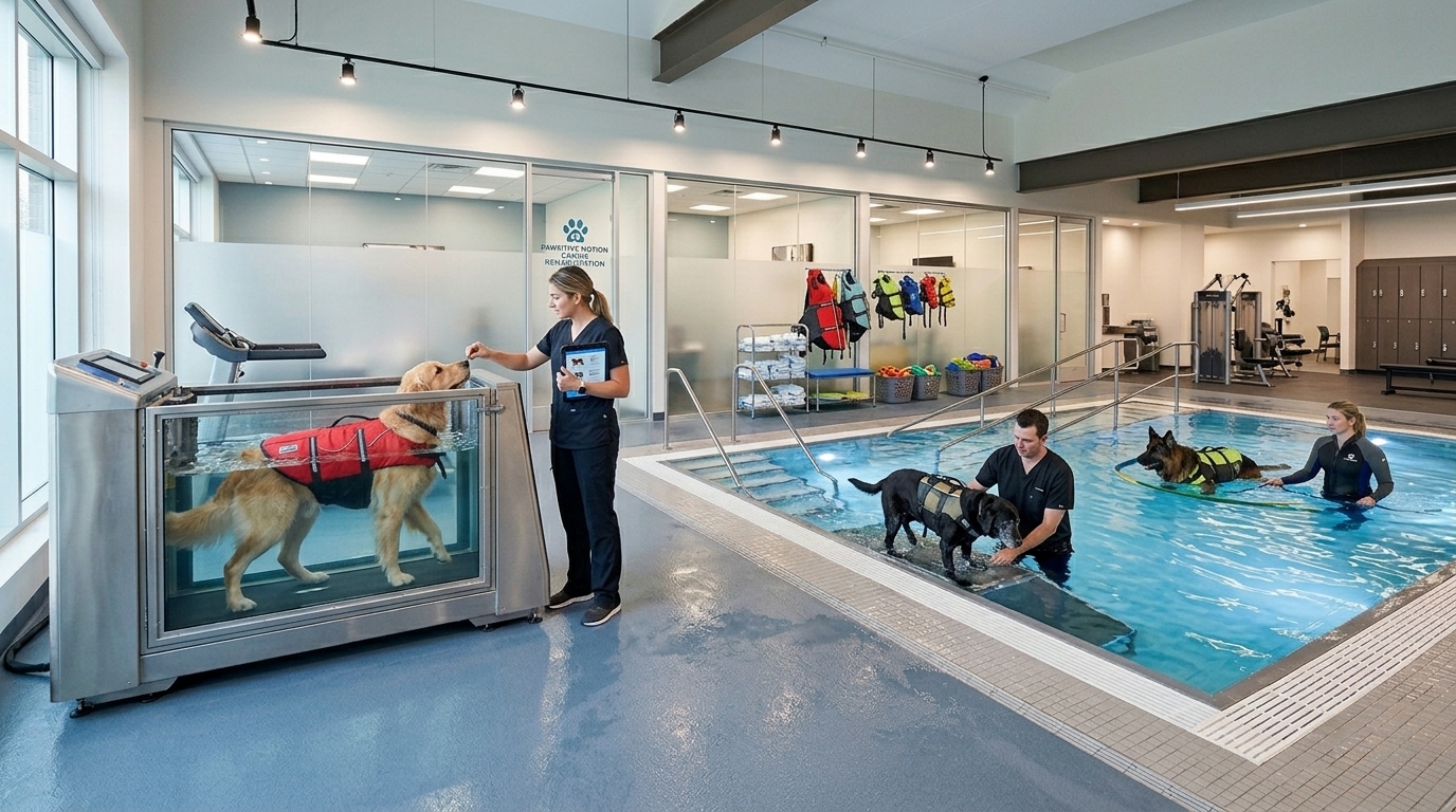 A wider view of a hydrotherapy facility showing both an underwater treadmill and a pool with staff at work, professional facility lighting
