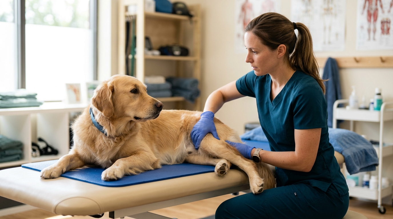 A veterinary physiotherapist working with a dog on a treatment table, hands assessing the dog's hindquarter muscles, the dog relaxed and engaged, soft natural light