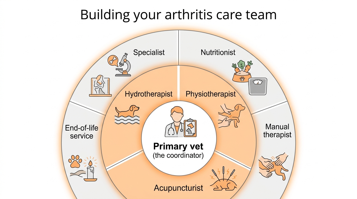 A concentric-circles infographic titled Building your arthritis care team, with Primary vet at the centre, a middle ring of hydrotherapist, physiotherapist and acupuncturist (the most common additions), and an outer ring of specialist, nutritionist, manual therapist and end-of-life service (added as needed)