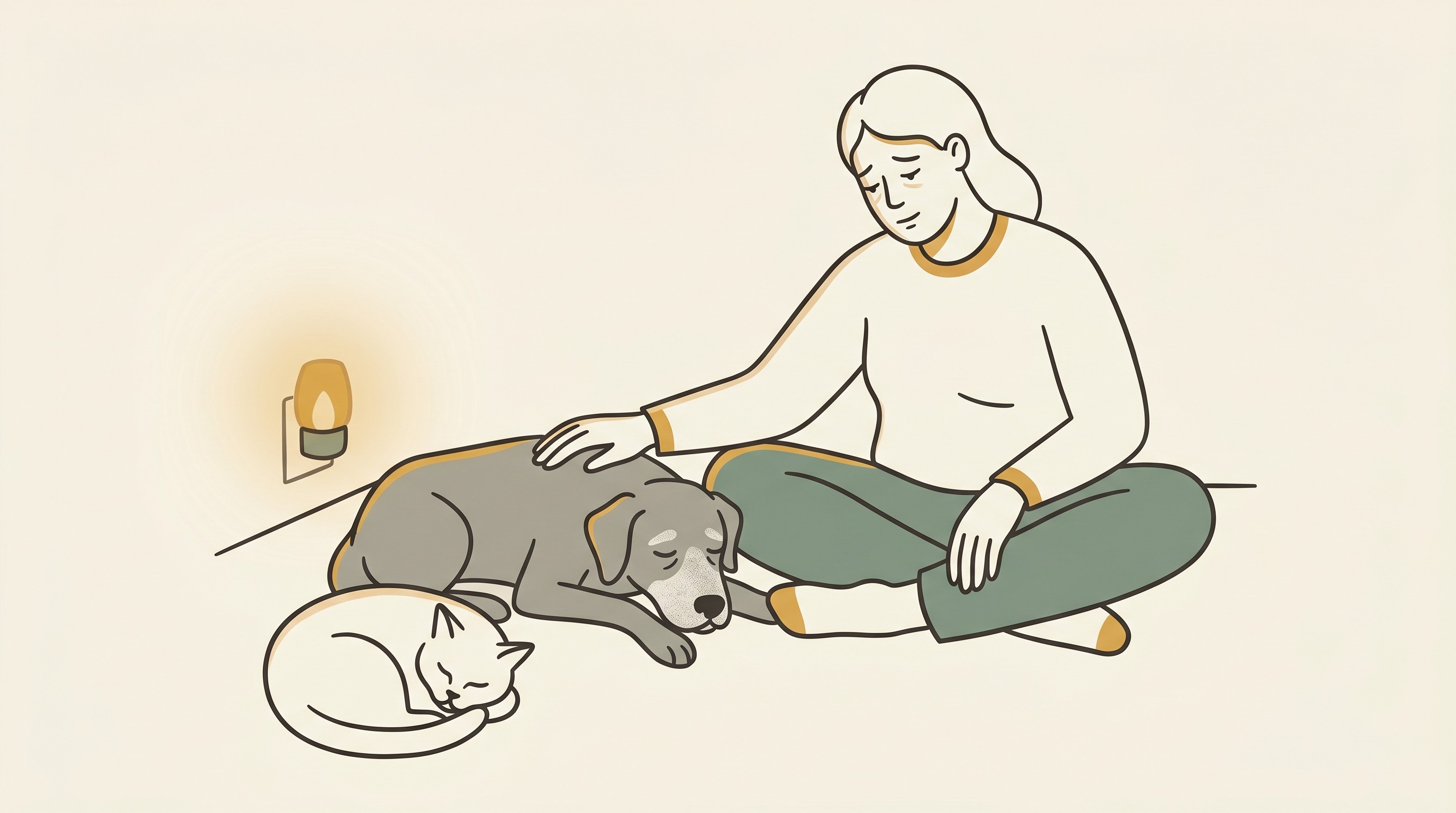 A tired owner sitting on the floor at night, one hand resting gently on a sleeping grey-muzzled dog, with an older cat curled nearby. The mood is warm and quiet, lit by a soft night light.