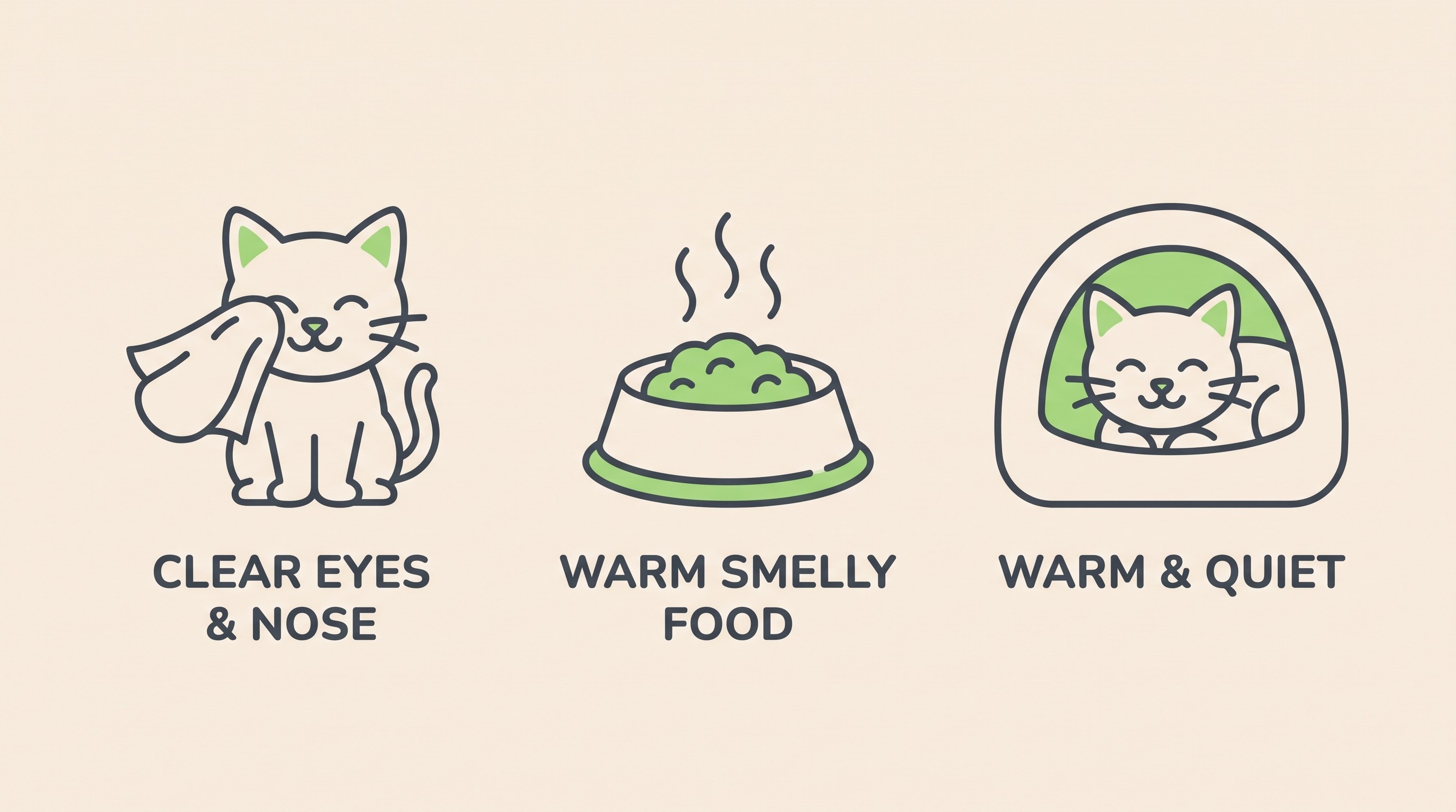 A gentle flat-vector home-care illustration showing simple supportive steps for a kitten with cat flu: wiping the eyes, offering warmed smelly food, and a warm quiet bed, on a cream background.
