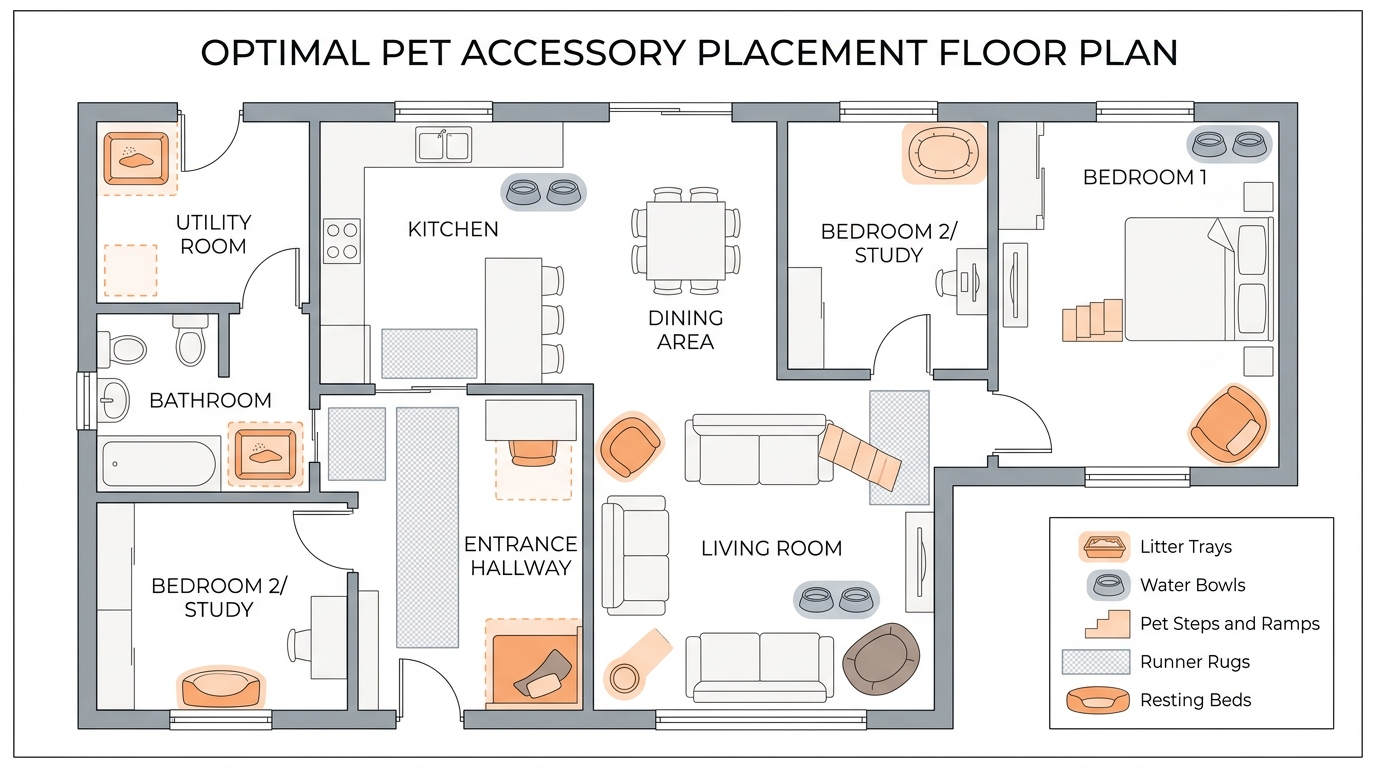 A top-down floor-plan illustration of a typical UK home with coloured highlights marking the best placement of litter trays (one per floor), water bowls in several spots, pet steps and ramps to favourite places, runner rugs on main routes, and warm resting beds throughout, with a legend
