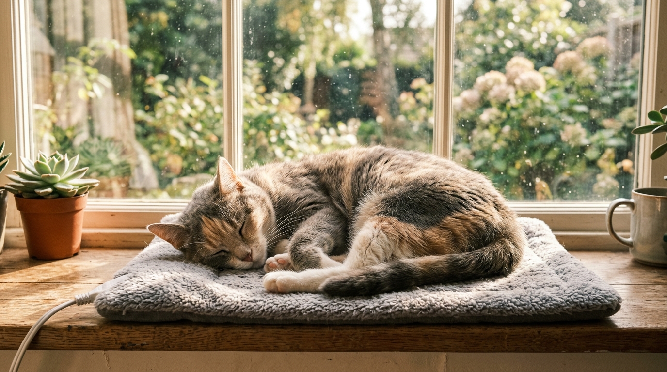 A senior cat curled comfortably on a heated cat pad in a sunny windowsill spot, eyes closed in contentment, soft natural light