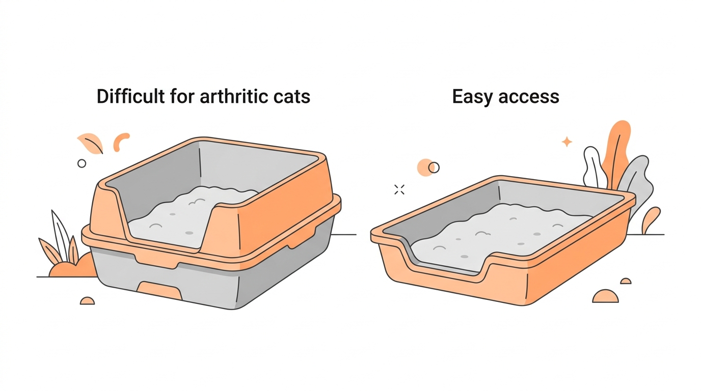 A clean educational illustration comparing two cat litter trays side by side: one with high sides of 15 to 20cm labelled difficult for arthritic cats, and one low-entry design at 5 to 6cm labelled easy access, soft orange and grey flat design