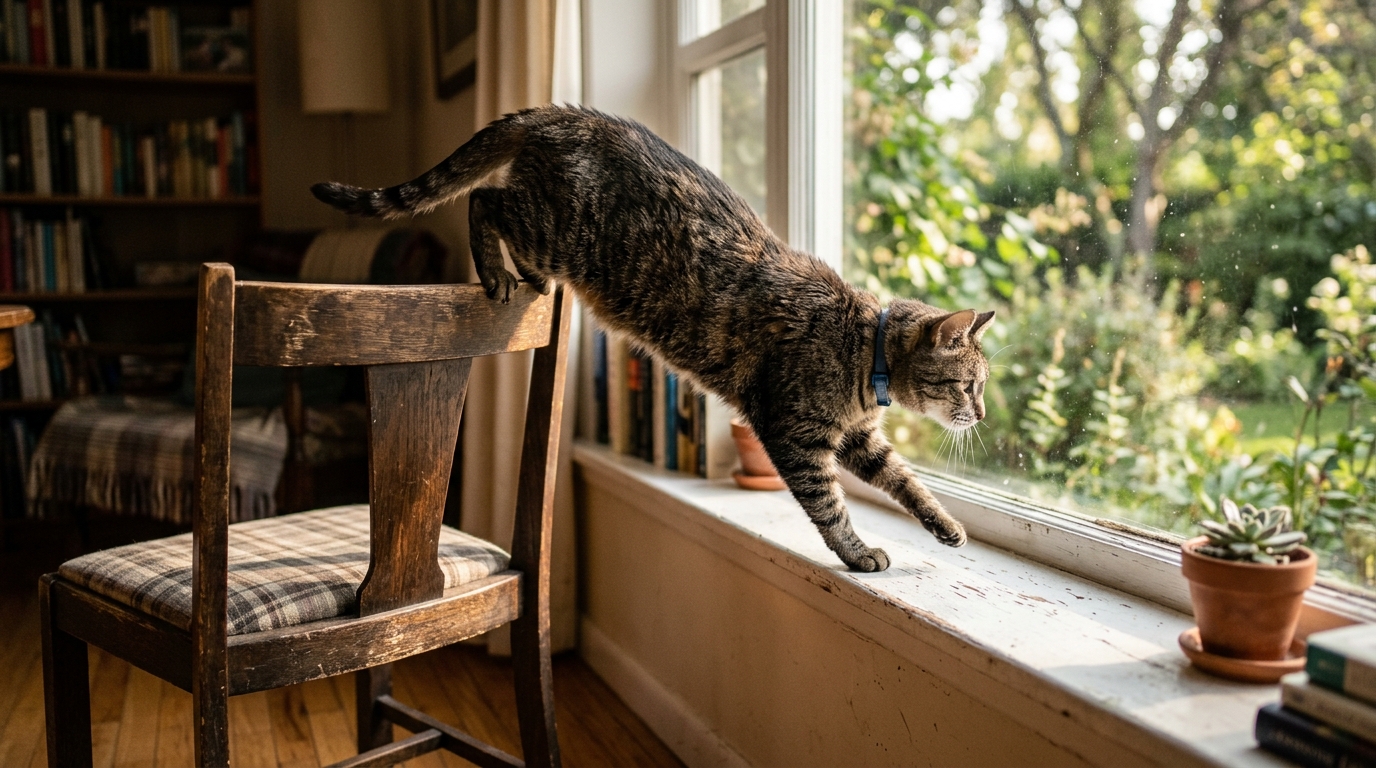A senior cat using a chair as an intermediate stepping stone to reach a windowsill, captured mid-action navigating successfully, soft afternoon light