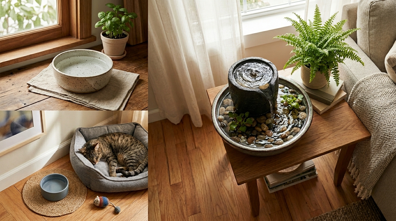 Multiple water sources around a home shown together: a ceramic bowl in a kitchen, a water fountain in a living room, and a small bowl near a cat bed, soft natural light