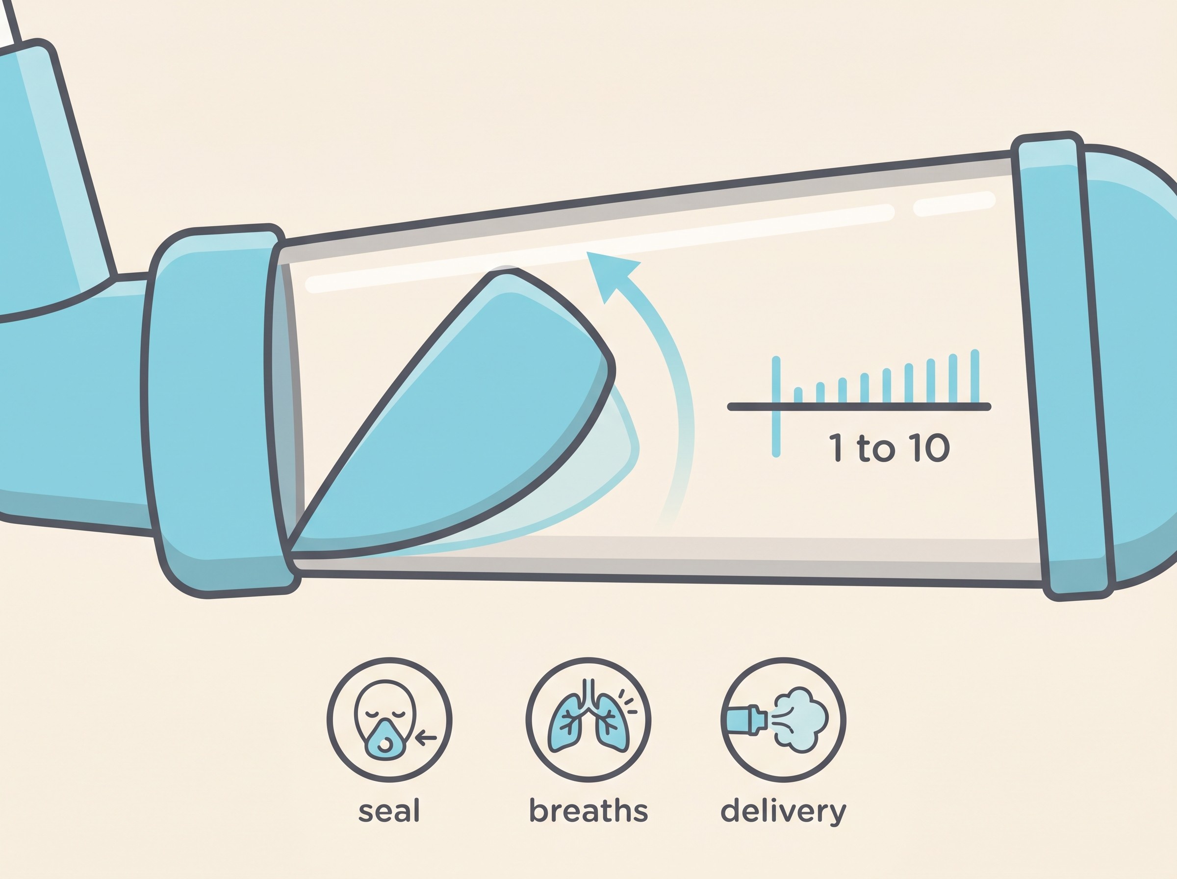Close-up of a cat-inhaler spacer with the Flow-Vu indicator flap drawn mid-movement and a small breath-count tally beside it, labelled "seal", "breaths", "delivery", flat-vector icons on a cream background