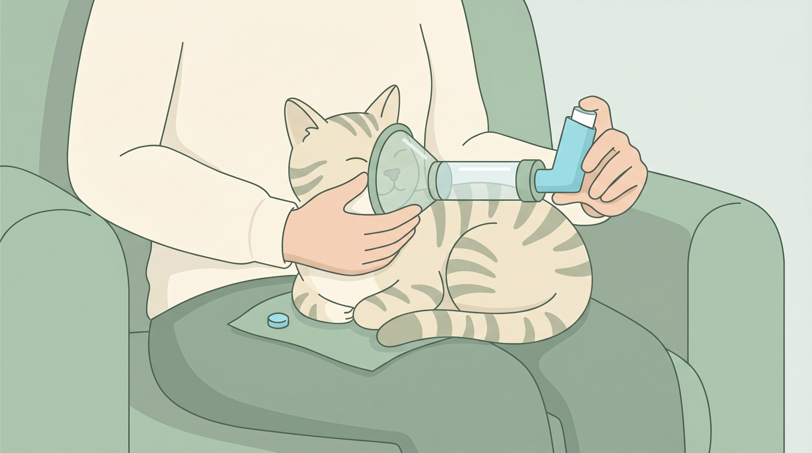 A tabby cat held gently on a lap with a cat-shaped spacer mask resting over its nose and mouth, an inhaler fitted to the far end, in a warm flat-vector style on a cream background