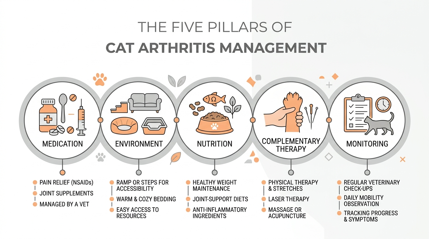 A clean infographic titled The five pillars of cat arthritis management, five connected circles labelled Medication, Environment, Nutrition, Complementary therapy and Monitoring, soft orange and grey flat design