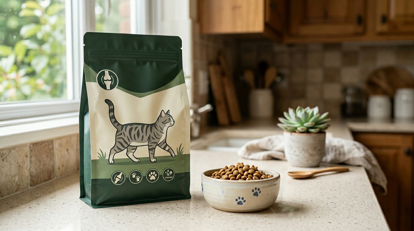 A bag of veterinary therapeutic joint diet for cats on a kitchen counter beside a small ceramic cat bowl partially filled with kibble, soft window light, product photography style