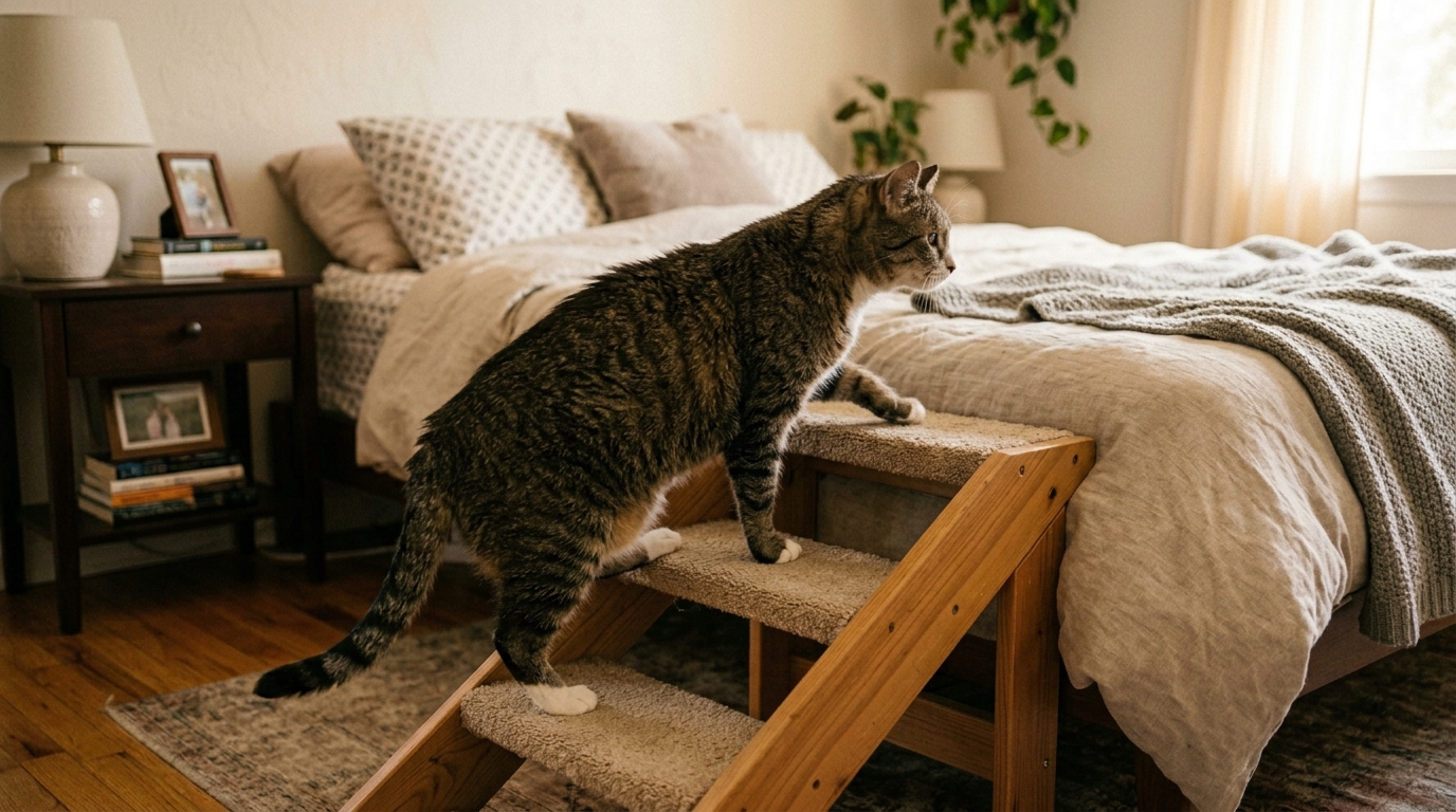 A senior cat walking calmly up a small set of wooden pet steps to reach a bed or sofa, soft warm light