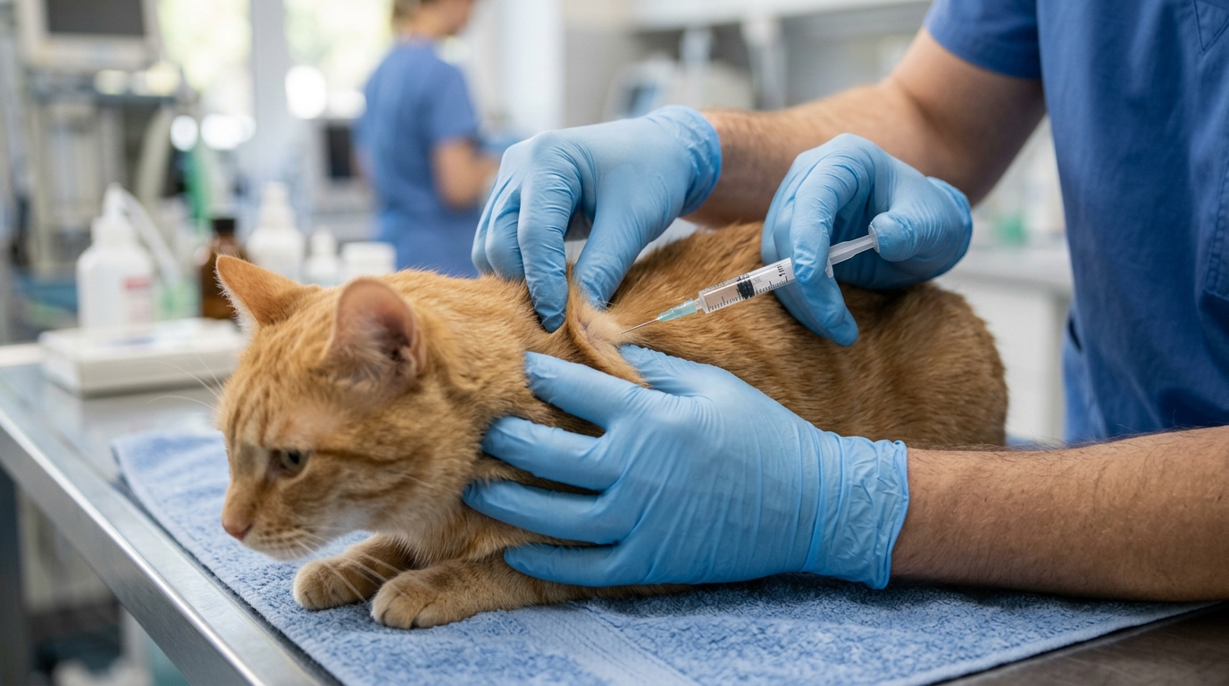 Close-up of a veterinary professional's gloved hands gently giving a calm cat a subcutaneous injection between the shoulder blades, the cat held gently still, soft clinical light