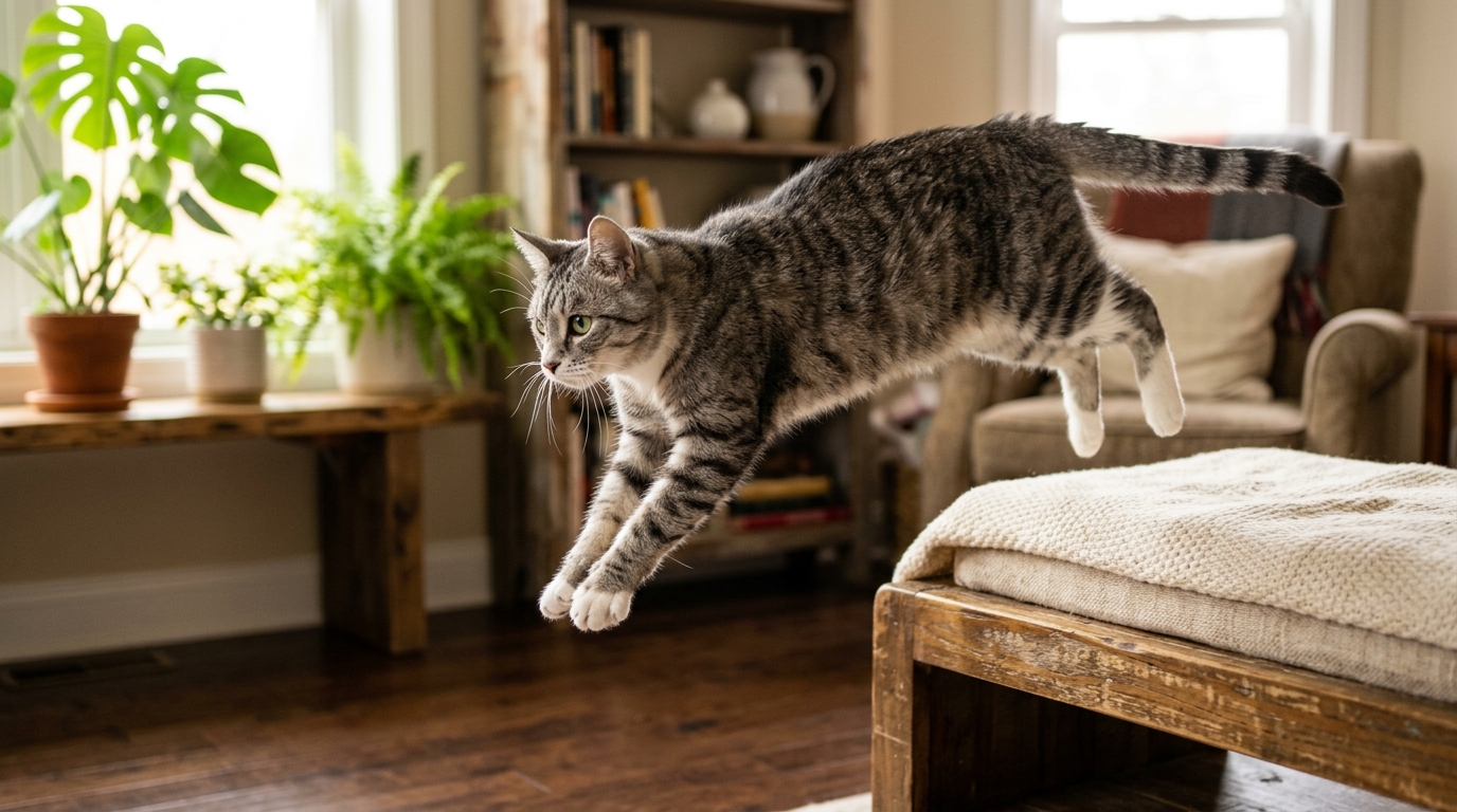 A senior cat mid-jump landing confidently on a low piece of furniture, an action shot capturing successful movement after treatment, bright natural light