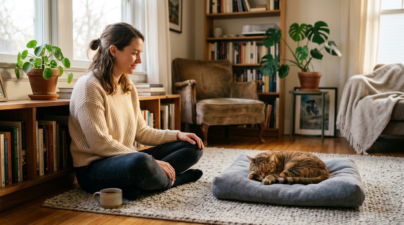 An owner sitting quietly on the living-room floor, observing their cat resting nearby, both at peace, soft warm natural light