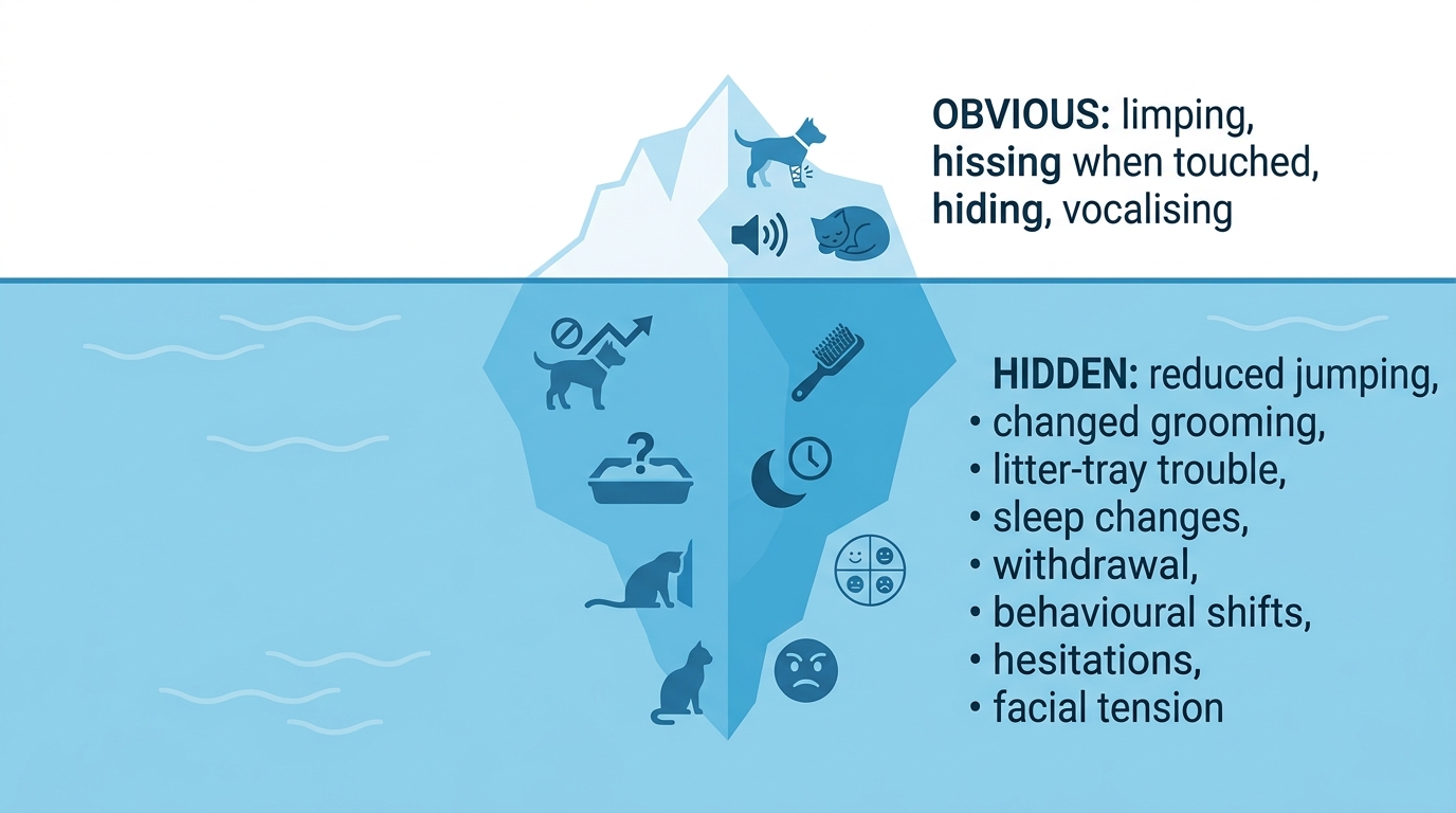 A cool-blue iceberg infographic titled The pain iceberg in cats: a small tip above the water labelled obvious signs like limping, hissing when touched, hiding and vocalising, and a much larger mass below labelled hidden signs like reduced jumping, changed grooming, litter-tray trouble, sleep changes, withdrawal and facial tension