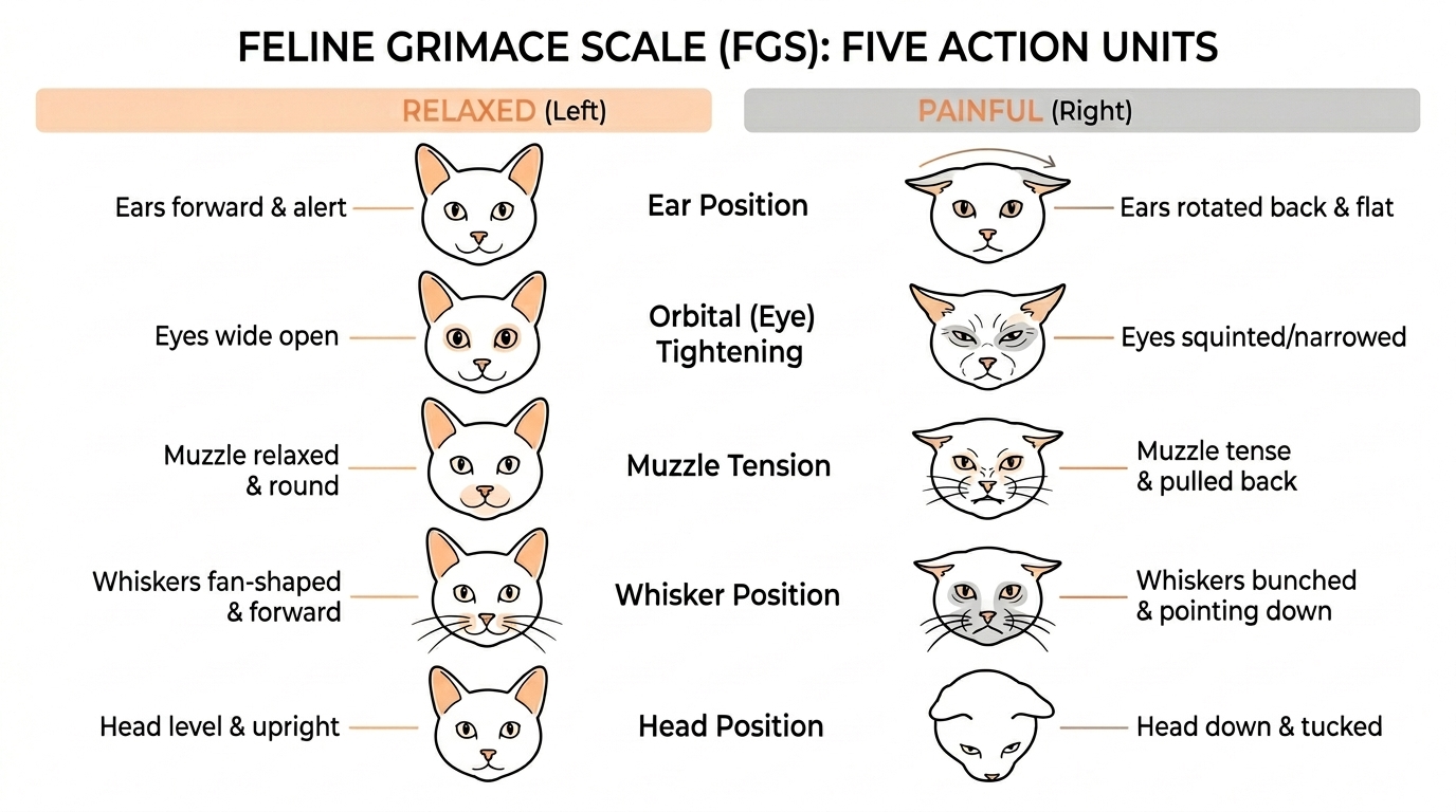 A clean educational diagram of the Feline Grimace Scale showing its five action units with simple cat-face line illustrations comparing relaxed versus painful states: ear position, orbital (eye) tightening, muzzle tension, whisker position and head position