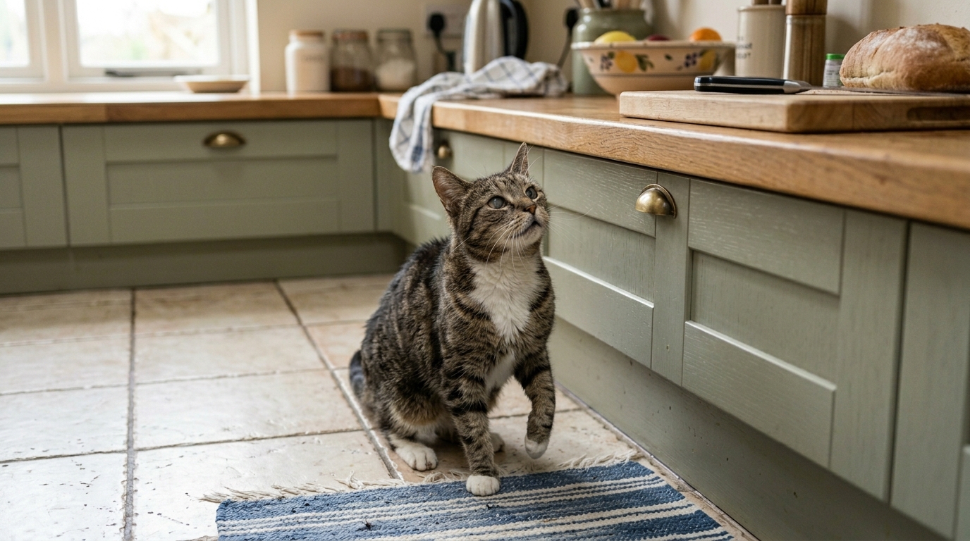 A senior cat sitting on the floor looking up at a kitchen worktop, body language suggesting it is calculating and hesitating about whether to jump, soft natural light
