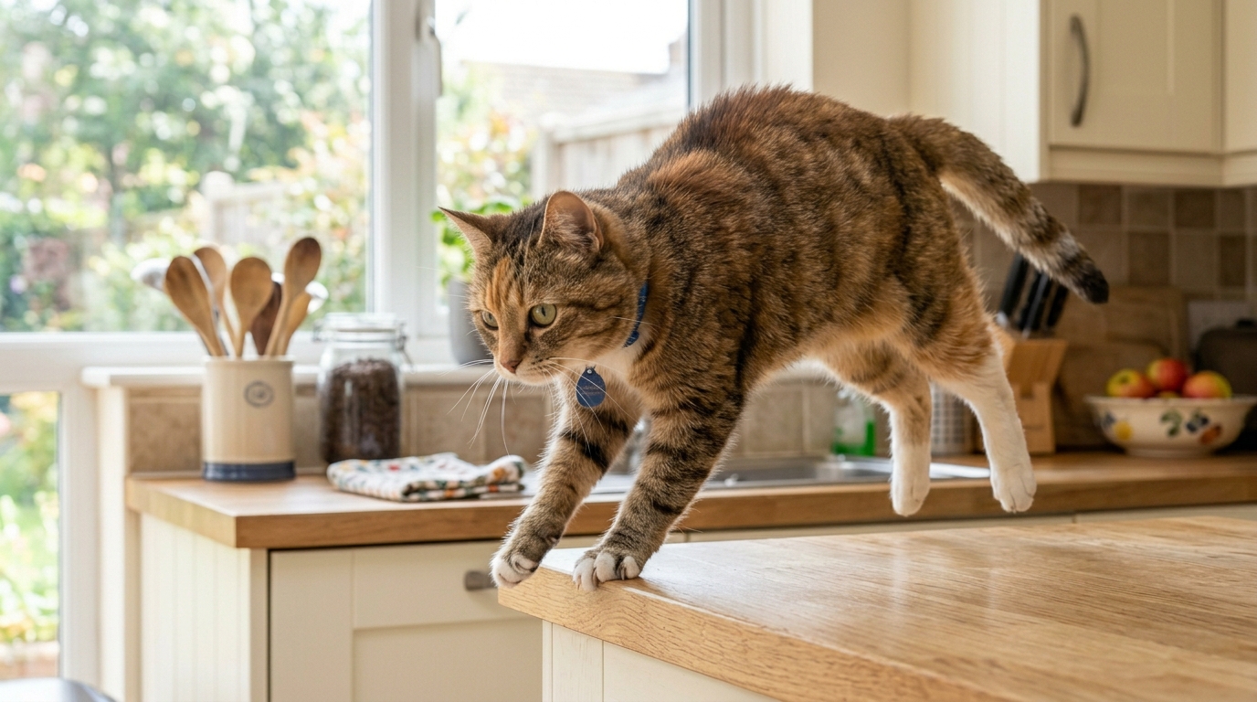 A senior cat mid-jump, landing confidently on a kitchen worktop, an action shot capturing successful movement after treatment, bright natural light