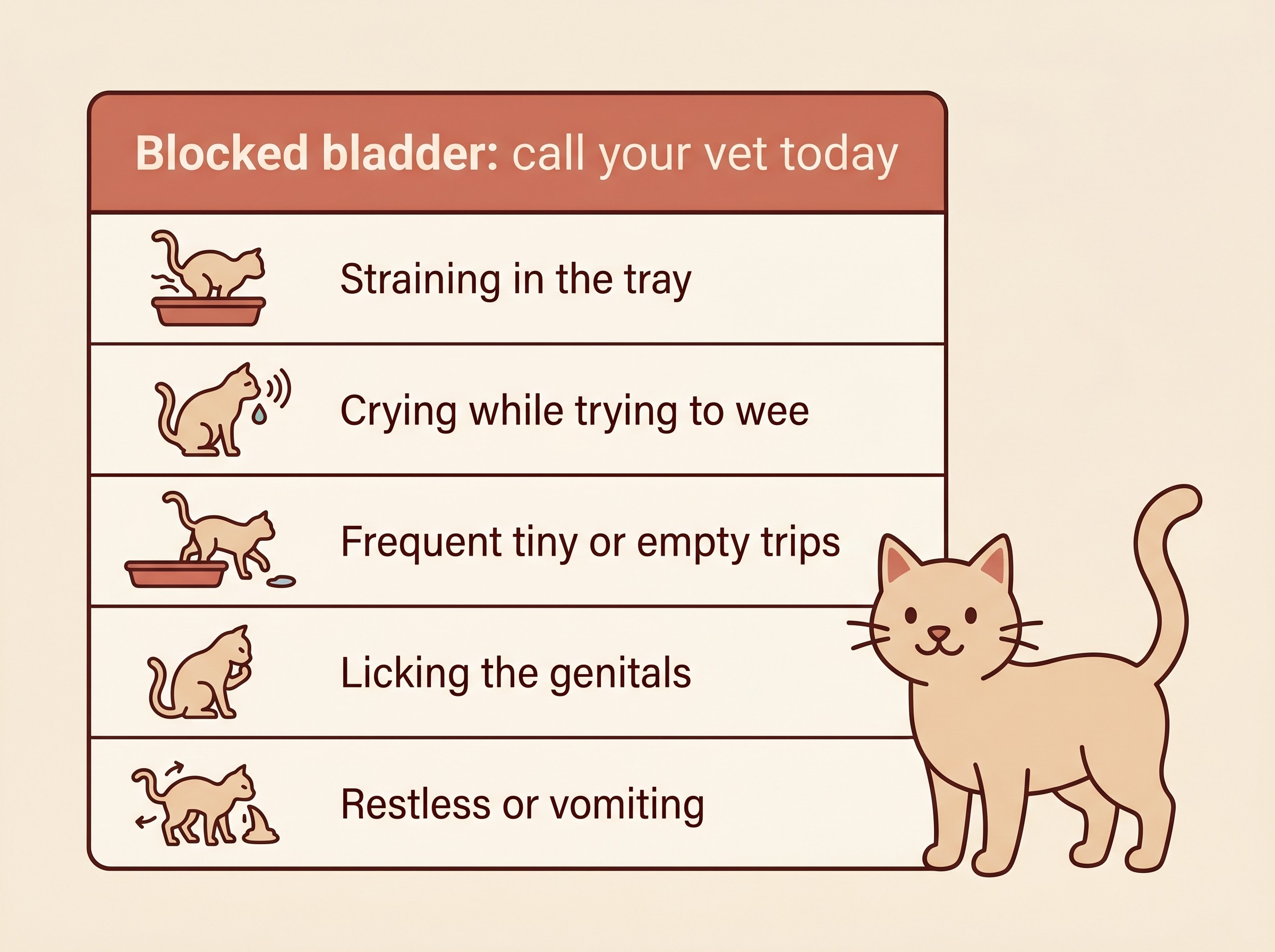 Warning-sign panel listing the red flags of a blocked bladder in a cat: straining in the tray, crying while trying to wee, frequent tiny or empty trips, licking the genitals, restlessness or vomiting.