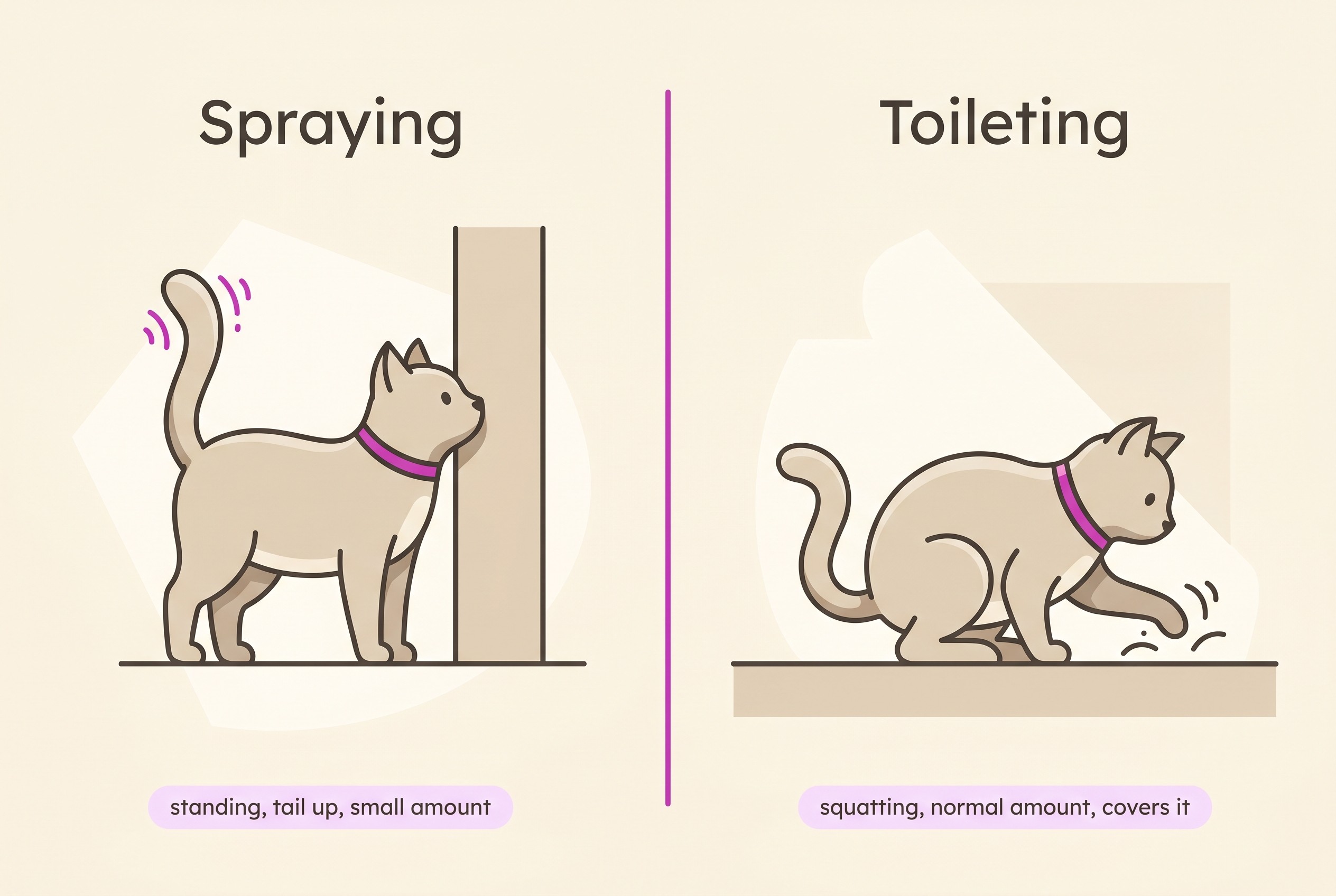 A side-by-side comparison of a cat standing to spray a vertical surface with tail raised, versus a cat squatting to toilet on the floor