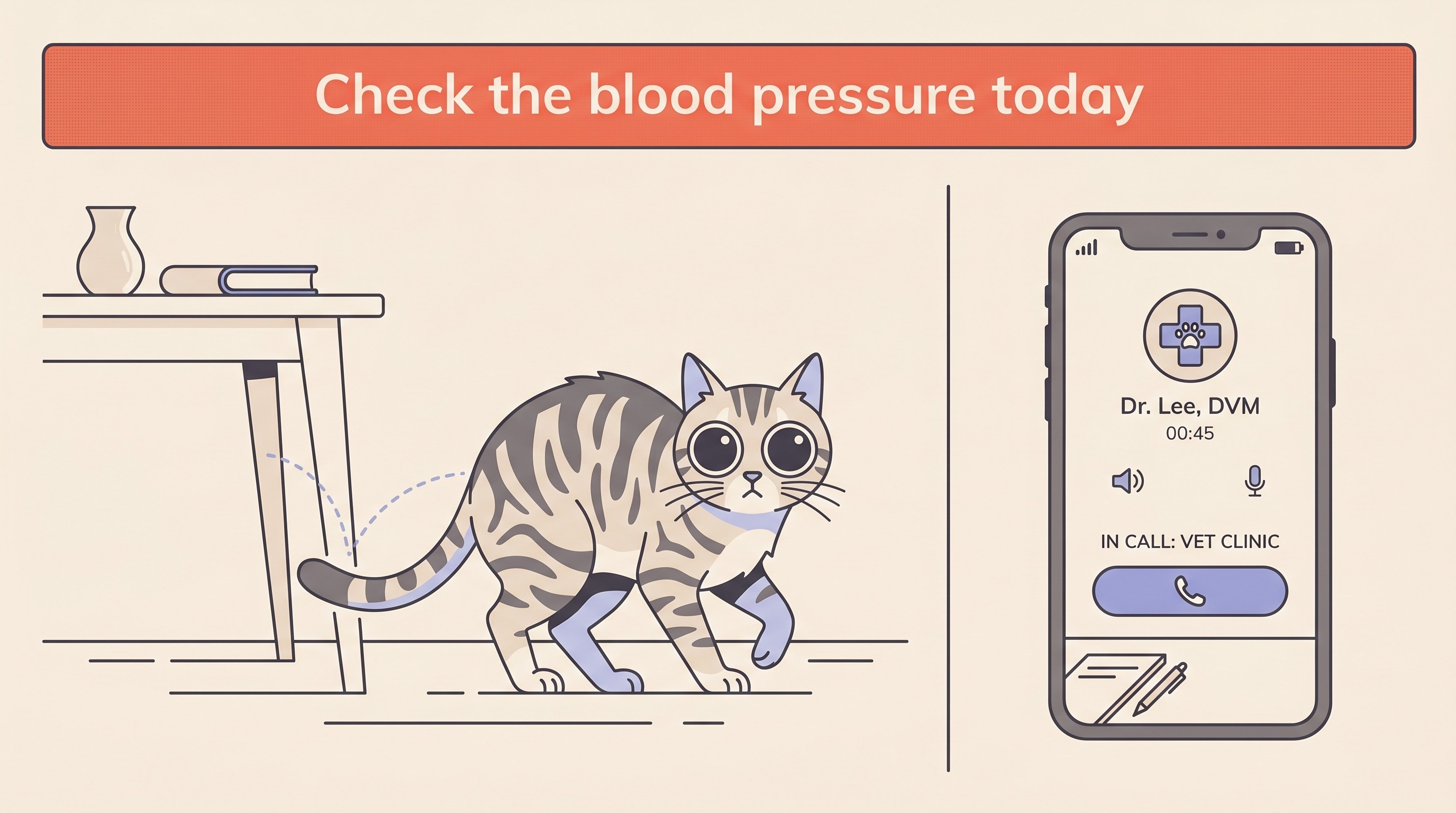 Flat vector illustration on a warm cream background. On the left an older tabby cat stands frozen mid-room with both pupils drawn very wide and black, a faint dashed line showing it has bumped a table leg. On the right a phone screen shows a vet clinic call in progress. A short banner reads "Check the blood pressure today". Clean, calm, no text clutter.