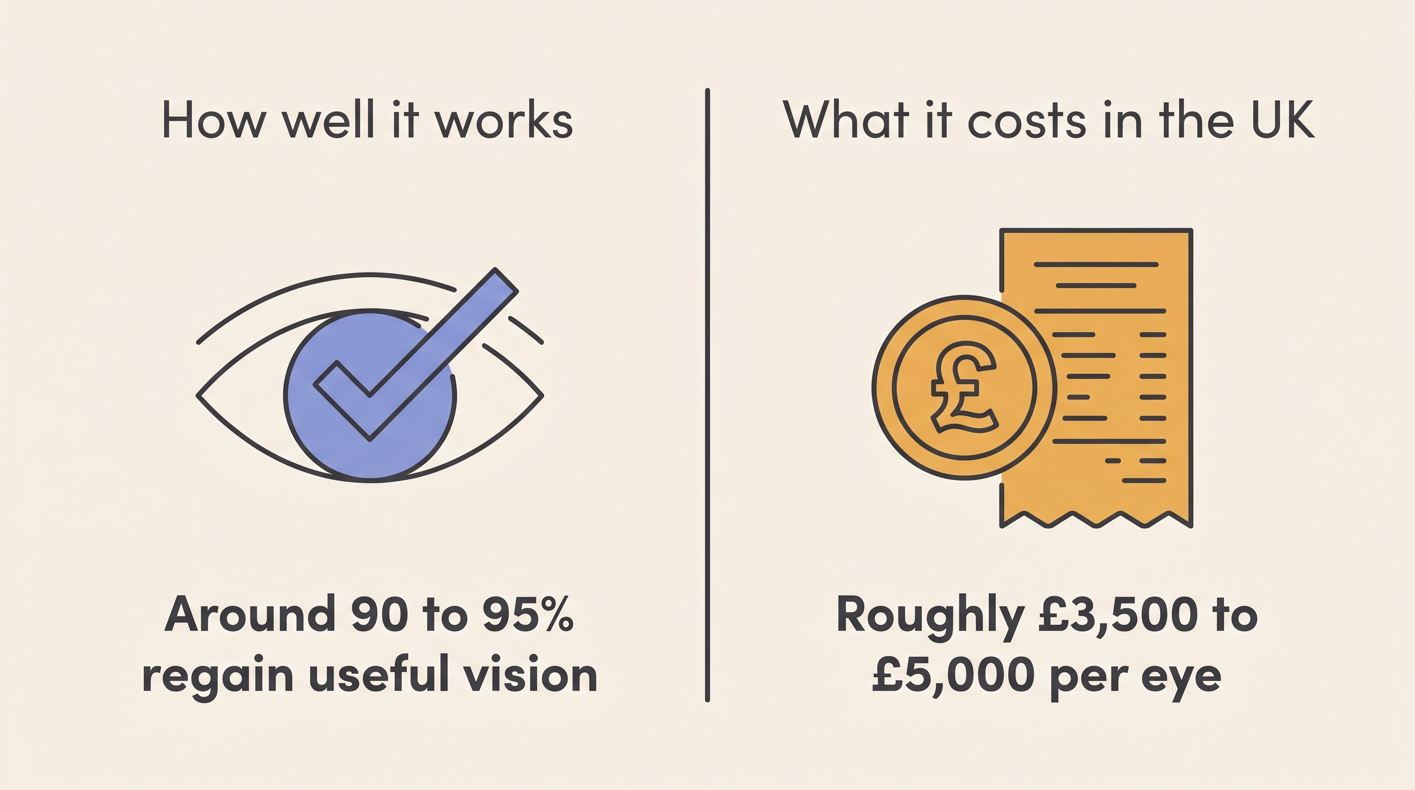 Two-panel flat illustration on cream, left panel "How well it works" showing around 90 to 95% of eyes regain useful vision initially with low complication rates, right panel "What it costs in the UK" showing roughly £3,500 to £5,000 per eye plus the work-up