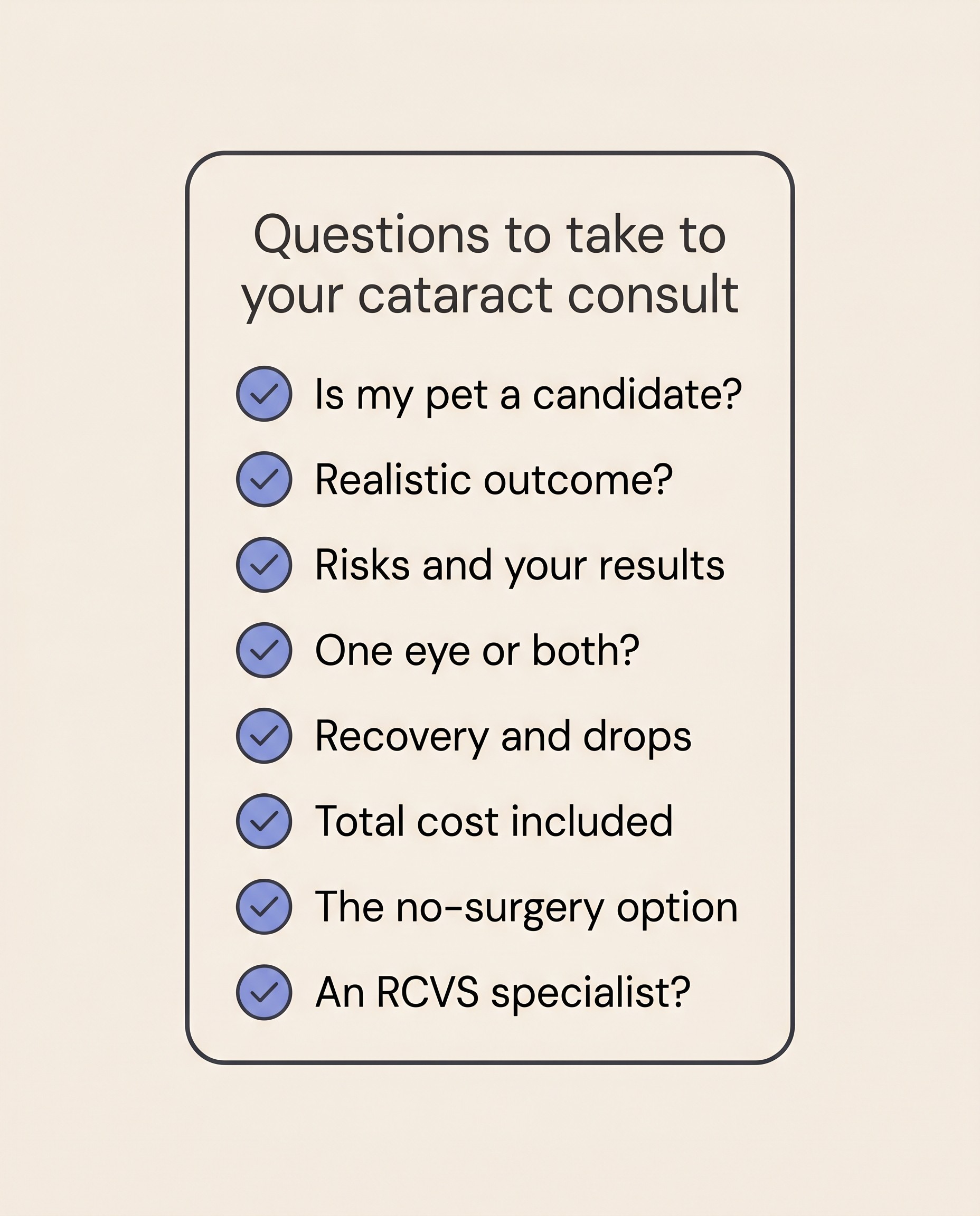 Flat checklist illustration on a cream background titled "Questions to take to your cataract consult", showing eight ticked question lines covering candidacy and retinal health, realistic outcome, risks and the surgeon's own results, one or both eyes, recovery and the drop schedule, total cost and what is included, the no-surgery option, and confirming a recognised eye specialist