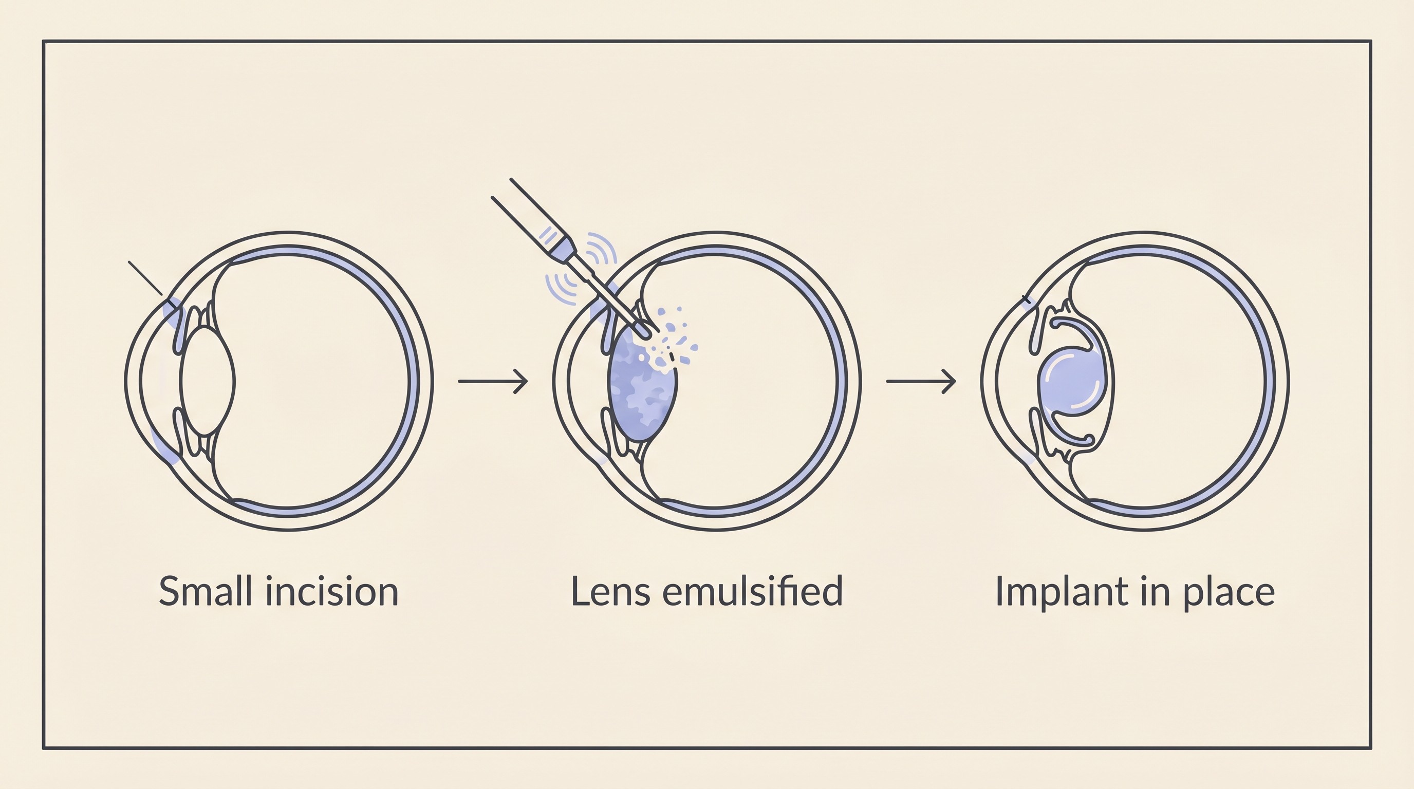 Flat schematic on cream showing three labelled stages of phacoemulsification: a small corneal incision, the cloudy lens being emulsified by an ultrasonic probe, then a clear artificial lens implant in the capsule