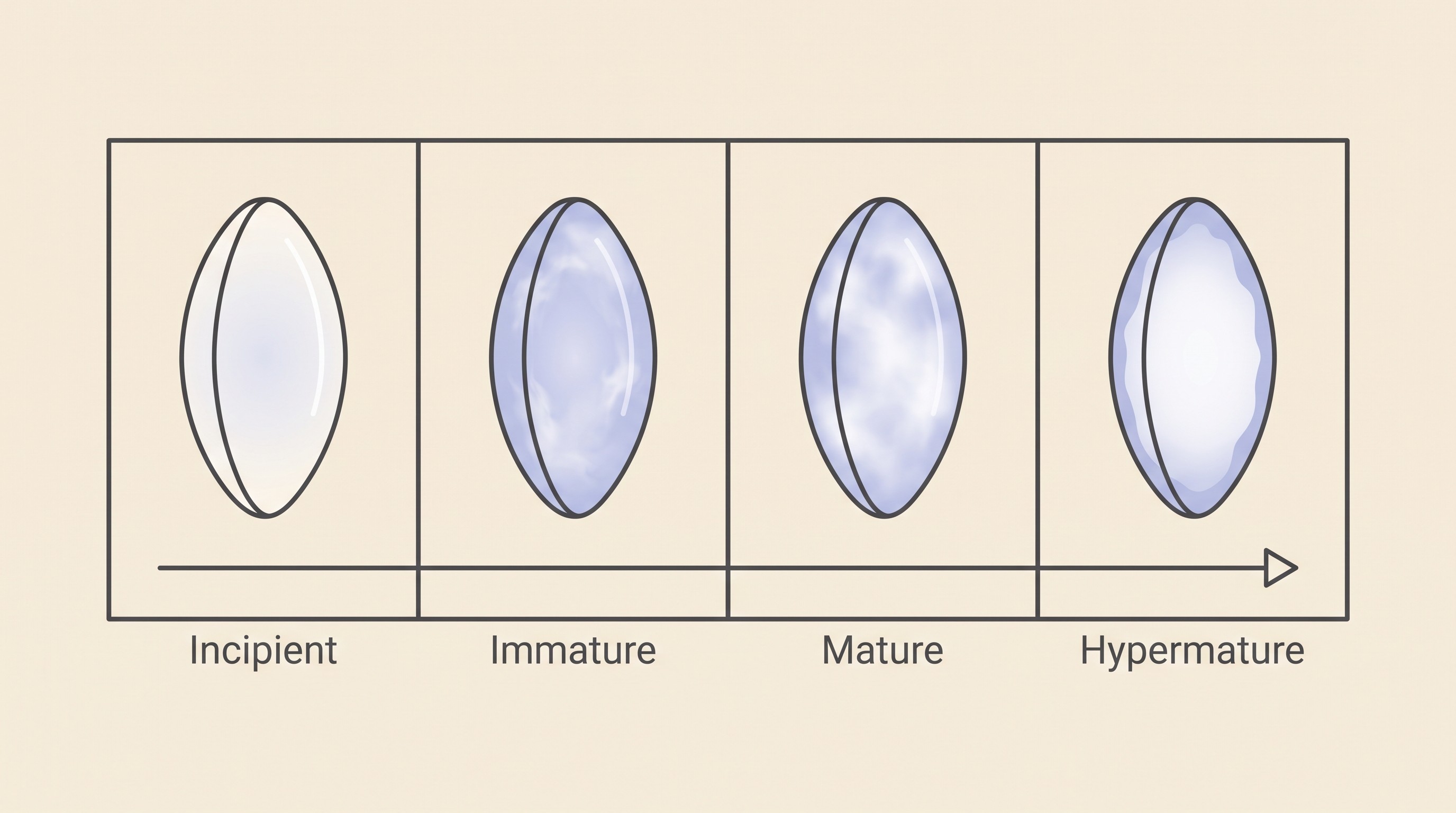 Four-panel maturation strip on cream showing a dog's lens progressing left to right through Incipient, Immature, Mature and Hypermature, with the visible eye getting cloudier across the panels and a short label under each
