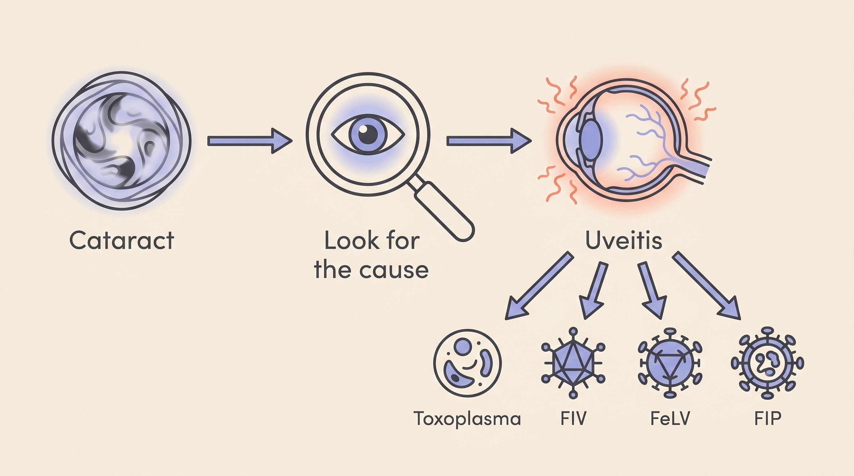 Flat vector flow diagram on cream. A clouded lens "Cataract" points to a magnifying glass "Look for the cause", then to an inflamed eye "Uveitis", which branches to four icons, "Toxoplasma", "FIV", "FeLV" and "FIP".
