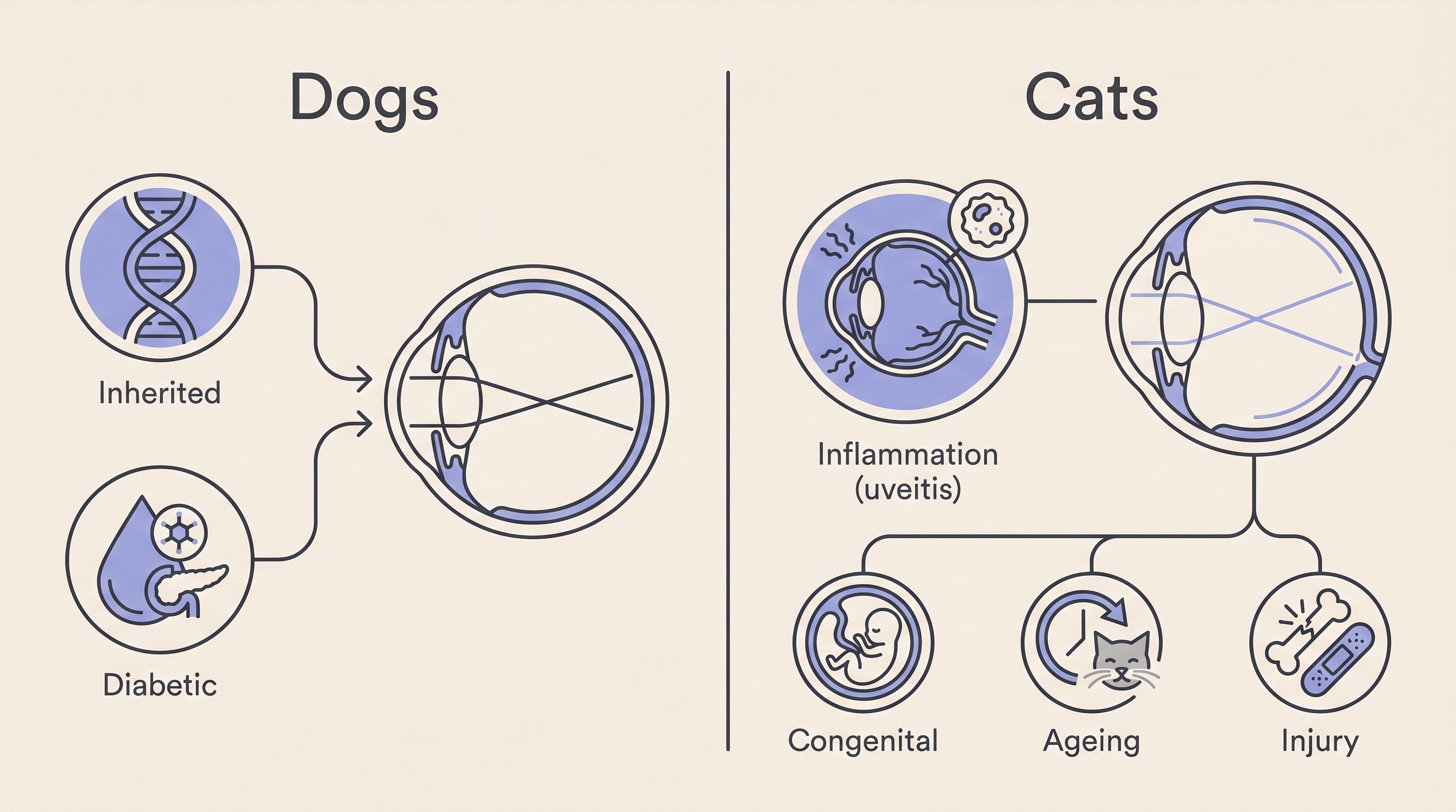 Side-by-side flat illustration on cream. A "Dogs" panel shows a lens with two large icons, "Inherited" and "Diabetic". A "Cats" panel shows a lens fed by one dominant icon, "Inflammation (uveitis)", with three small icons, "Congenital", "Ageing" and "Injury".