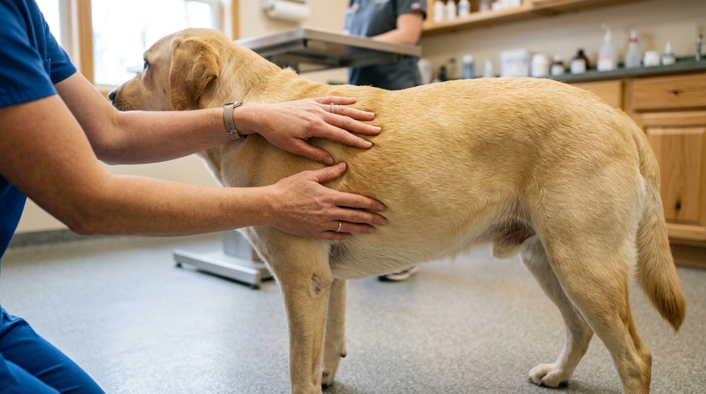A vet's hands placed gently along the ribcage of a Labrador to assess body condition, the dog standing calmly on a clinical floor, soft consulting room light