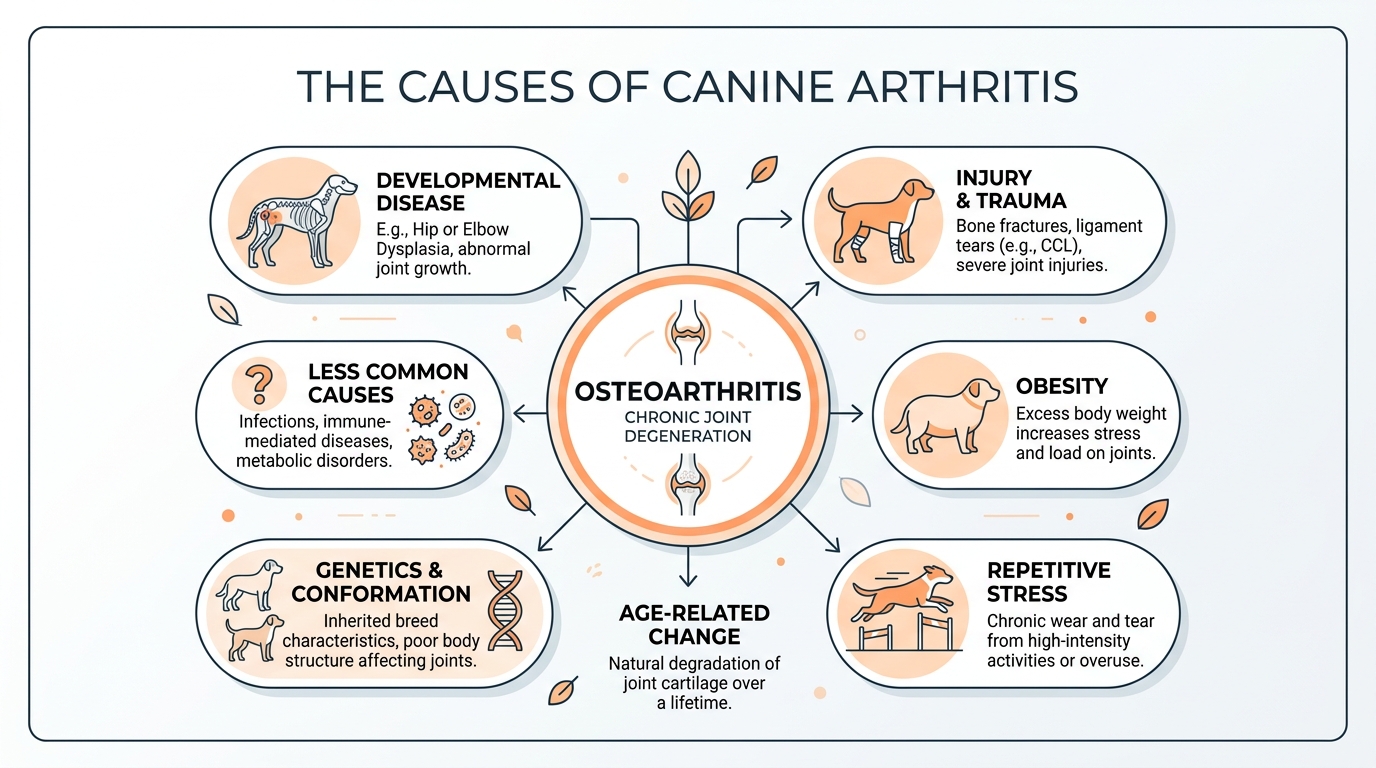 A hub-and-spoke infographic titled The causes of canine arthritis, a central Osteoarthritis circle surrounded by labelled bubbles for developmental disease, injury and trauma, obesity, repetitive stress, age-related change, genetics and conformation, and less common causes