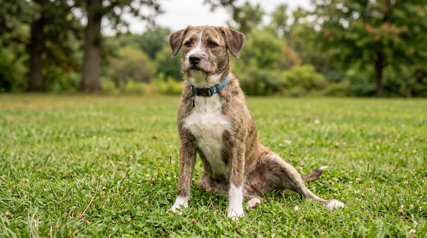 A medium-sized mixed-breed dog sitting on grass with one hindleg subtly extended out to the side rather than tucked under, soft outdoor light